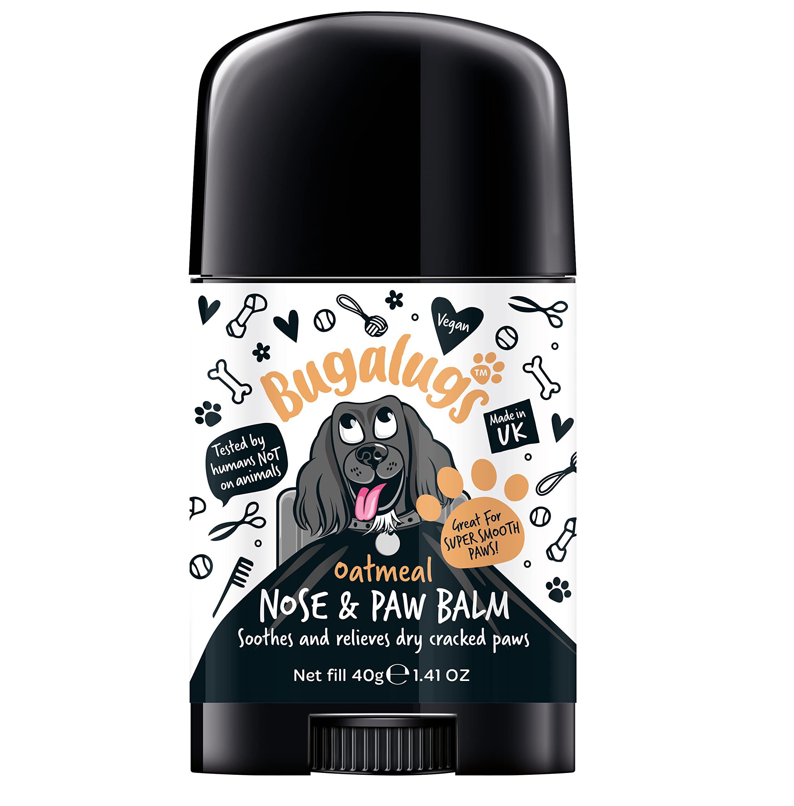 Bugalugs nose and paw balm for dogs with a black lid on a white background