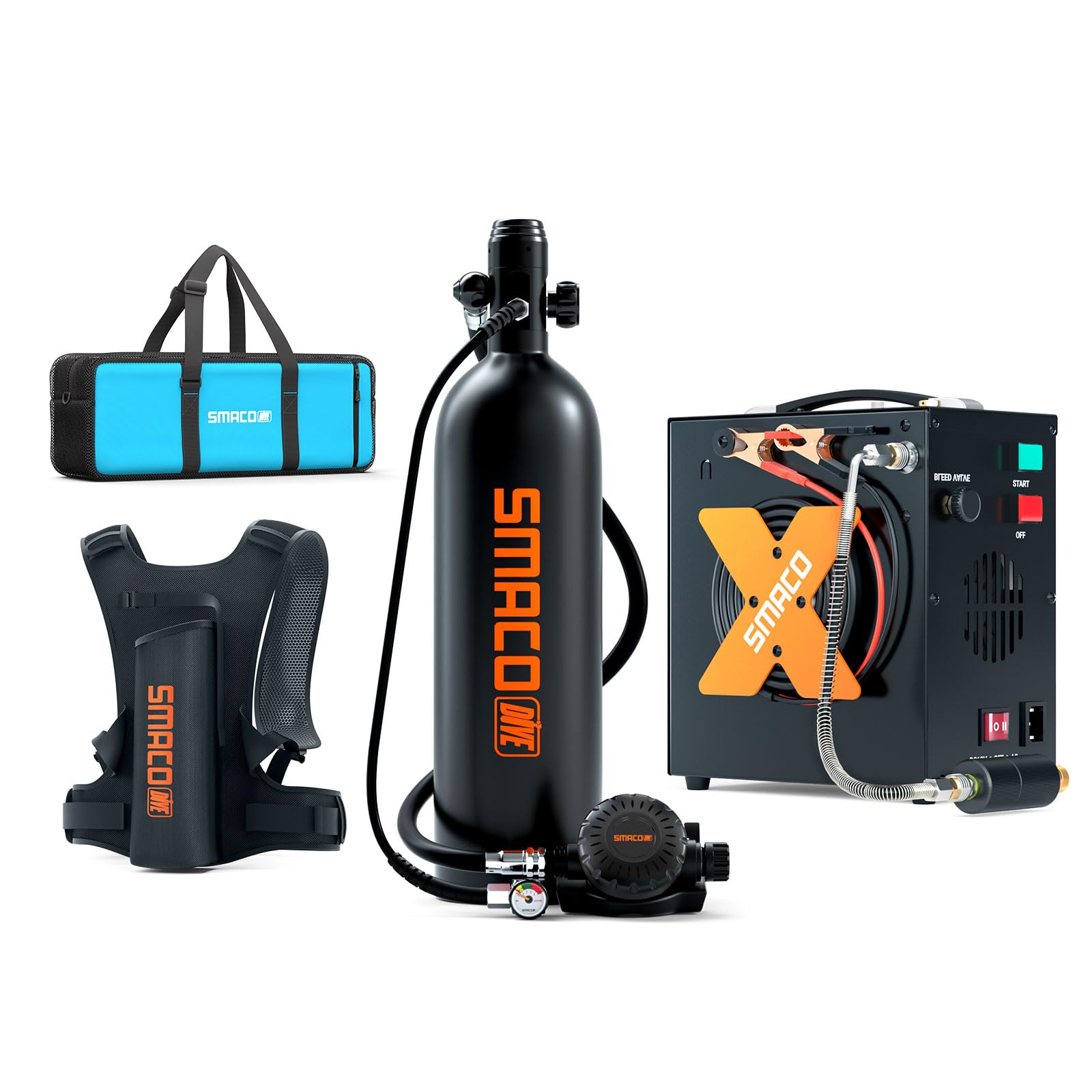 Smaco diving equipment including a tank, regulator, and control unit on a white background
