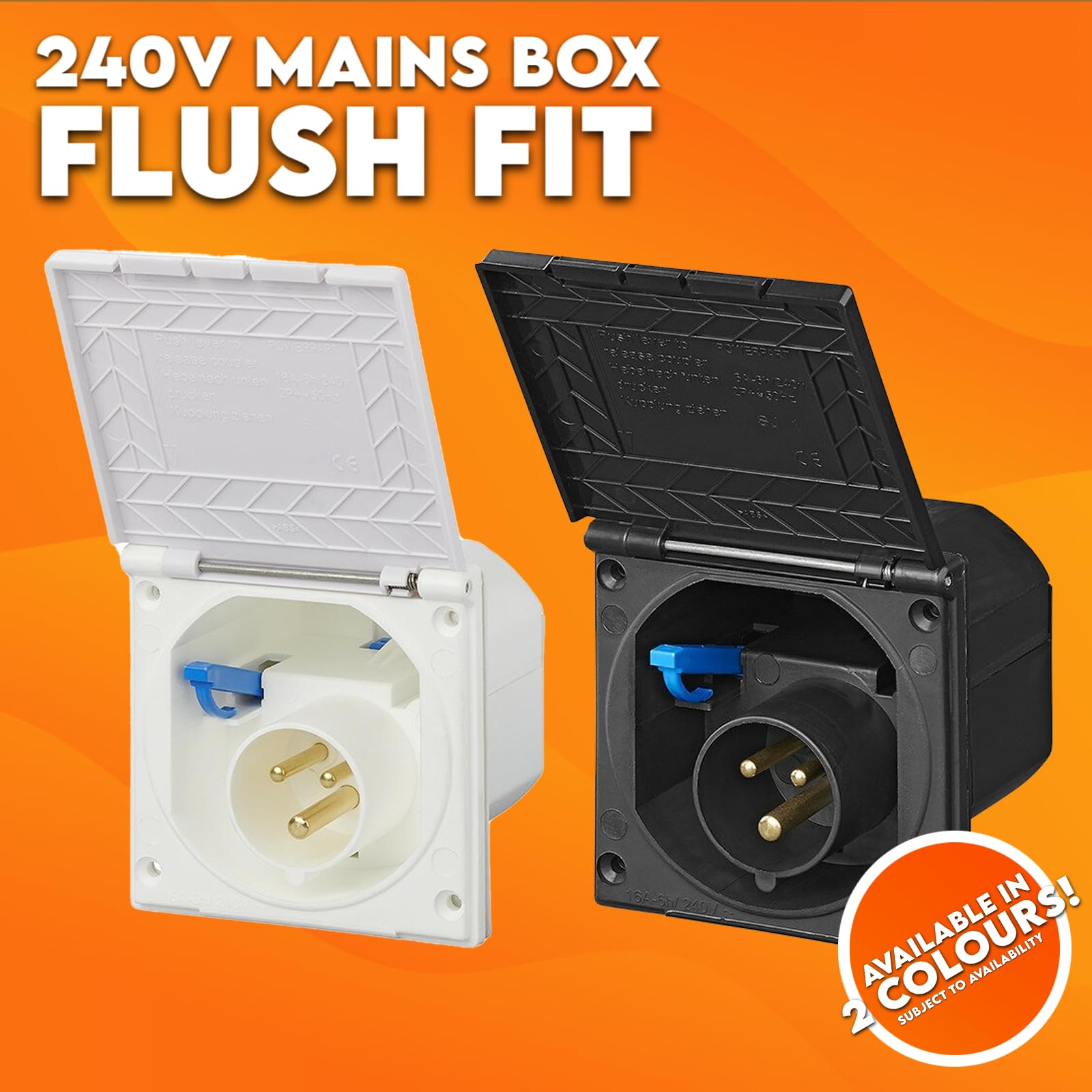 Two electrical outlets, one white and one black, with '240V Mains Box Flush Fit' text on an orange background.