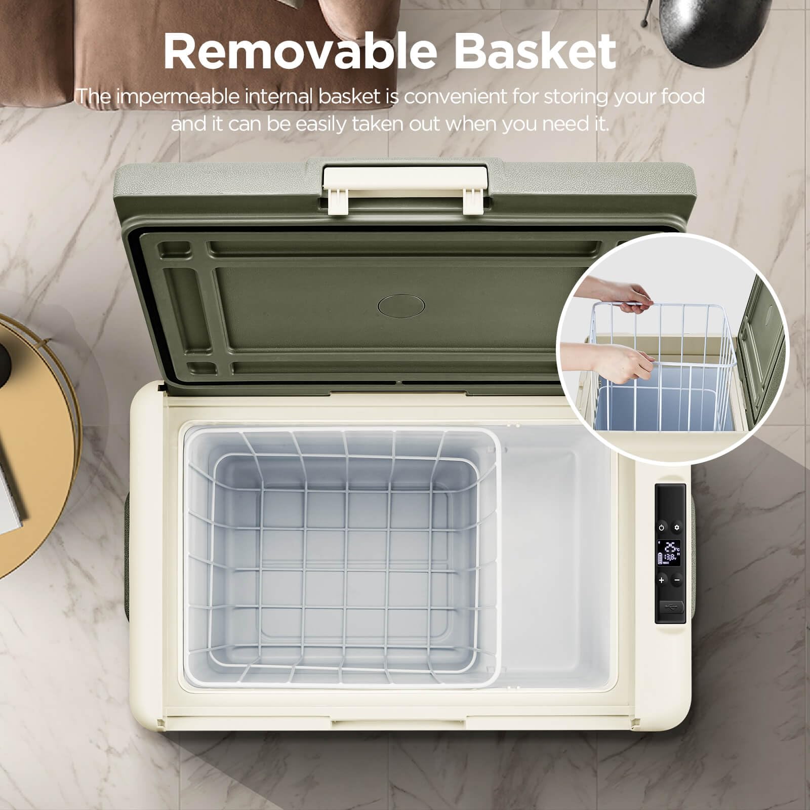 Portable refrigerator with a removable basket feature on a marble surface.
