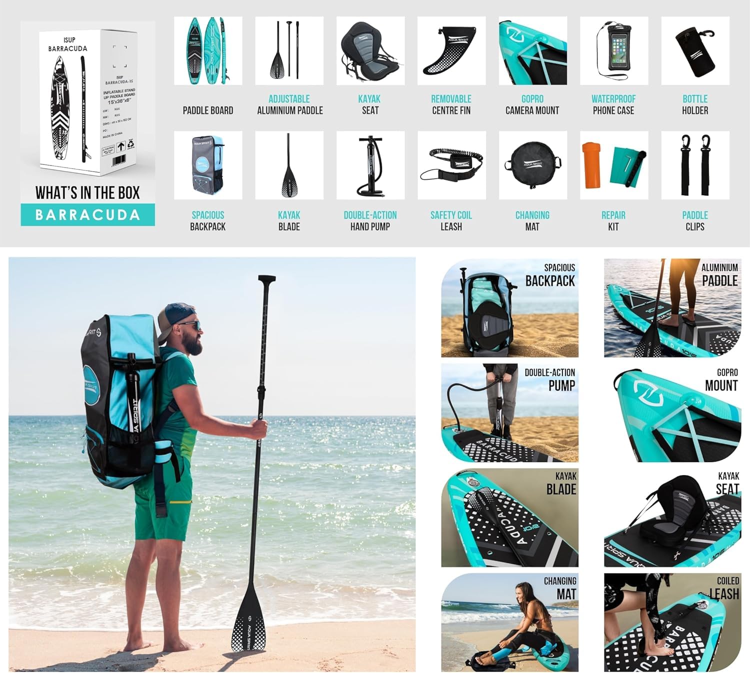 Sup Barracuda product set with paddle, backpack, and accessories on a beach.