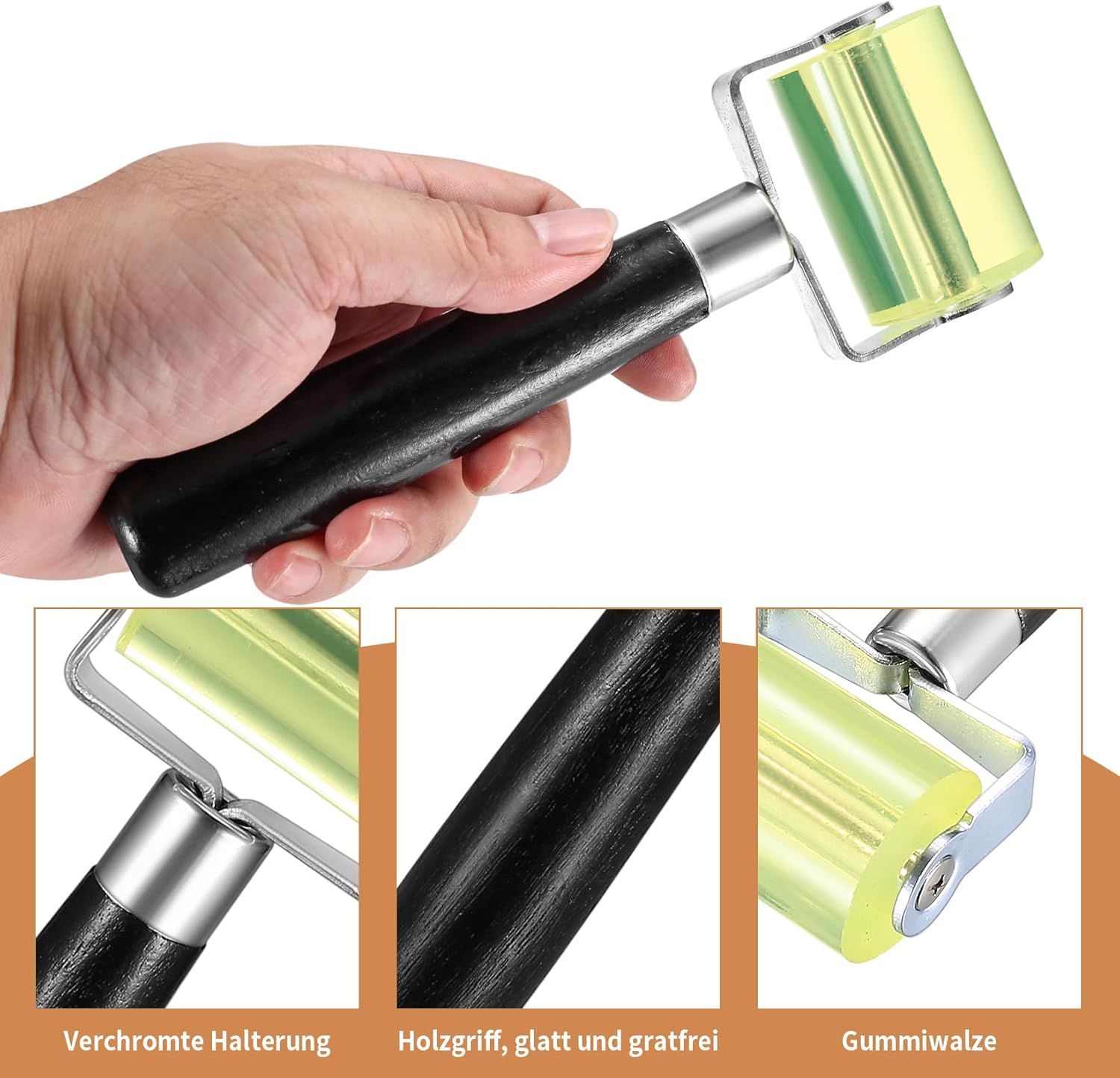 Hand holding a rolling tool with close-up details on a white background
