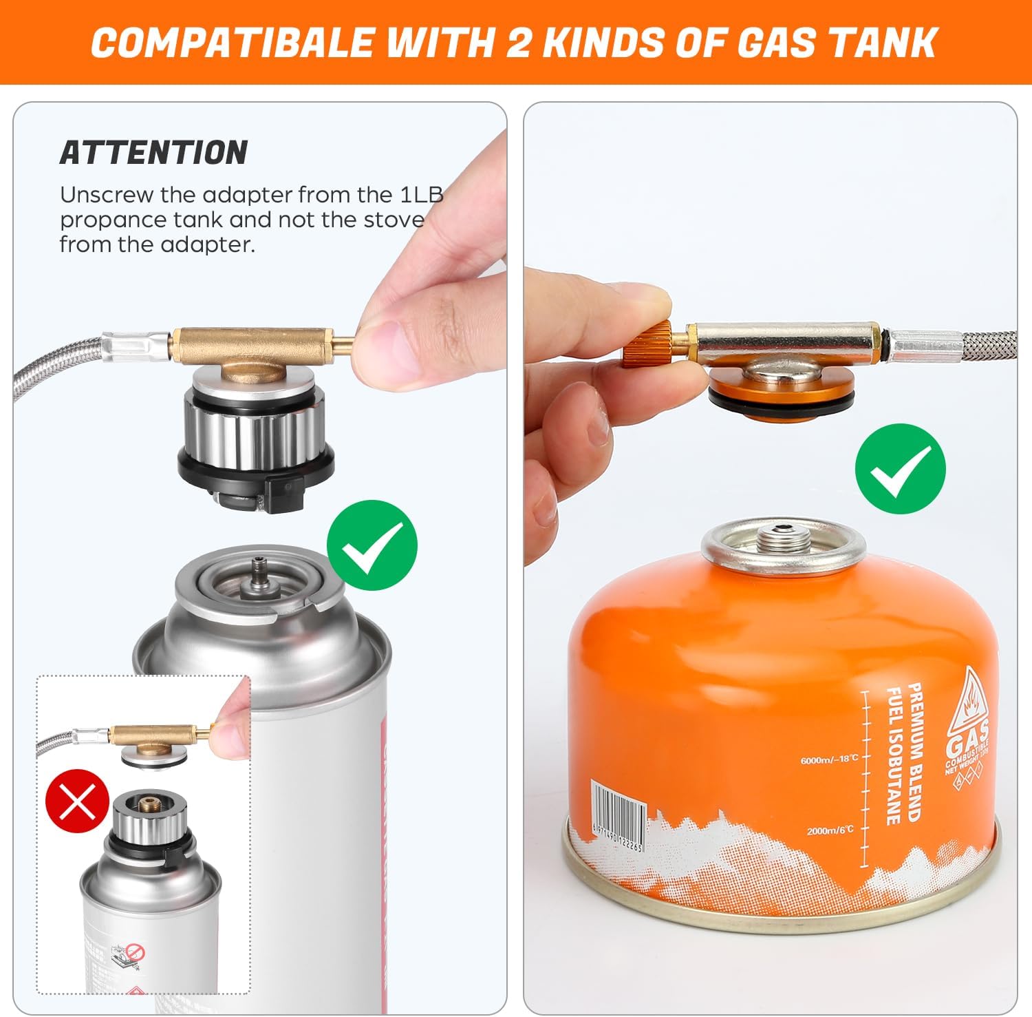 Instructions on how to properly attach a gas tank adapter to a propane tank, with a focus on compatibility and safety.