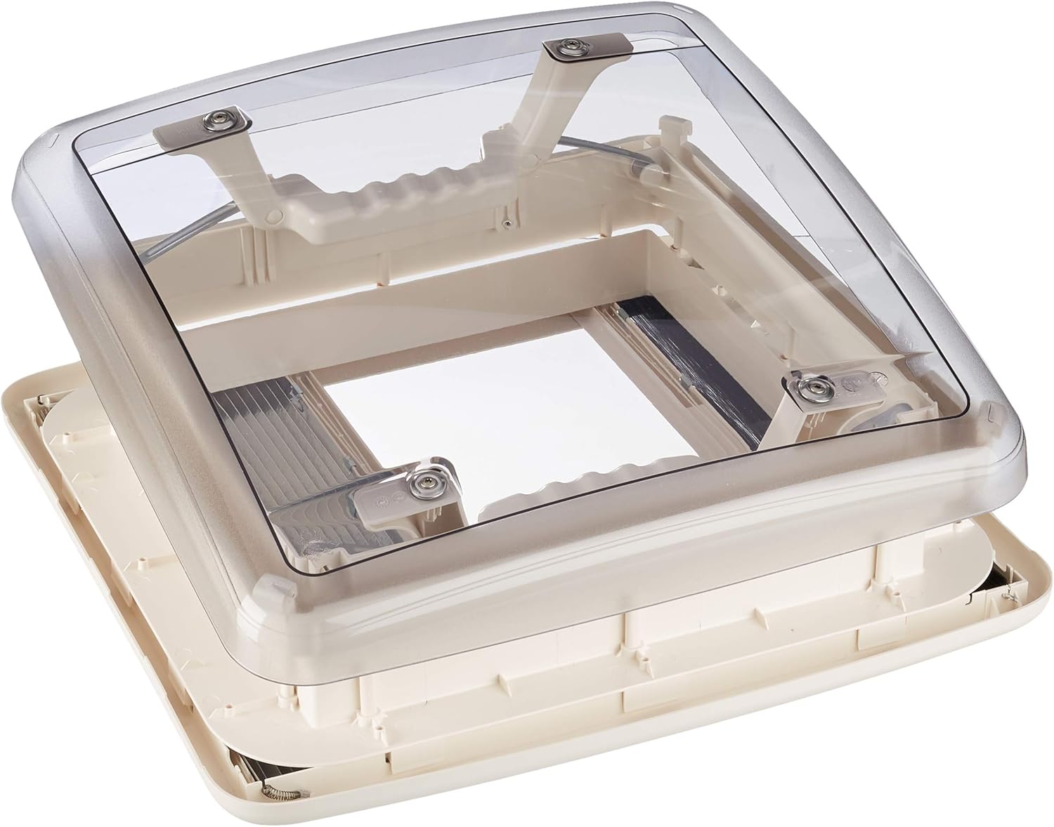 Roof vent with clear glass panel and beige frame on a white background