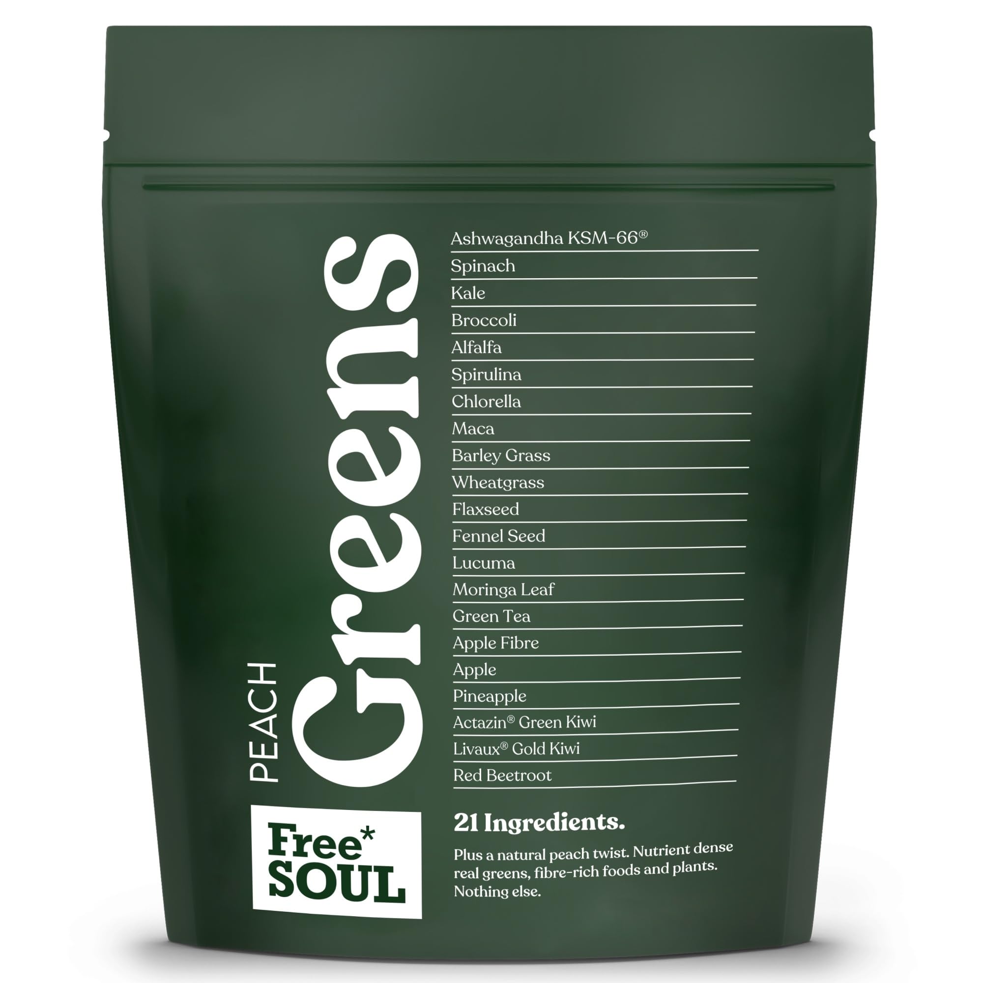 Green package of Free Soul Peach Greens with a list of ingredients on a white background