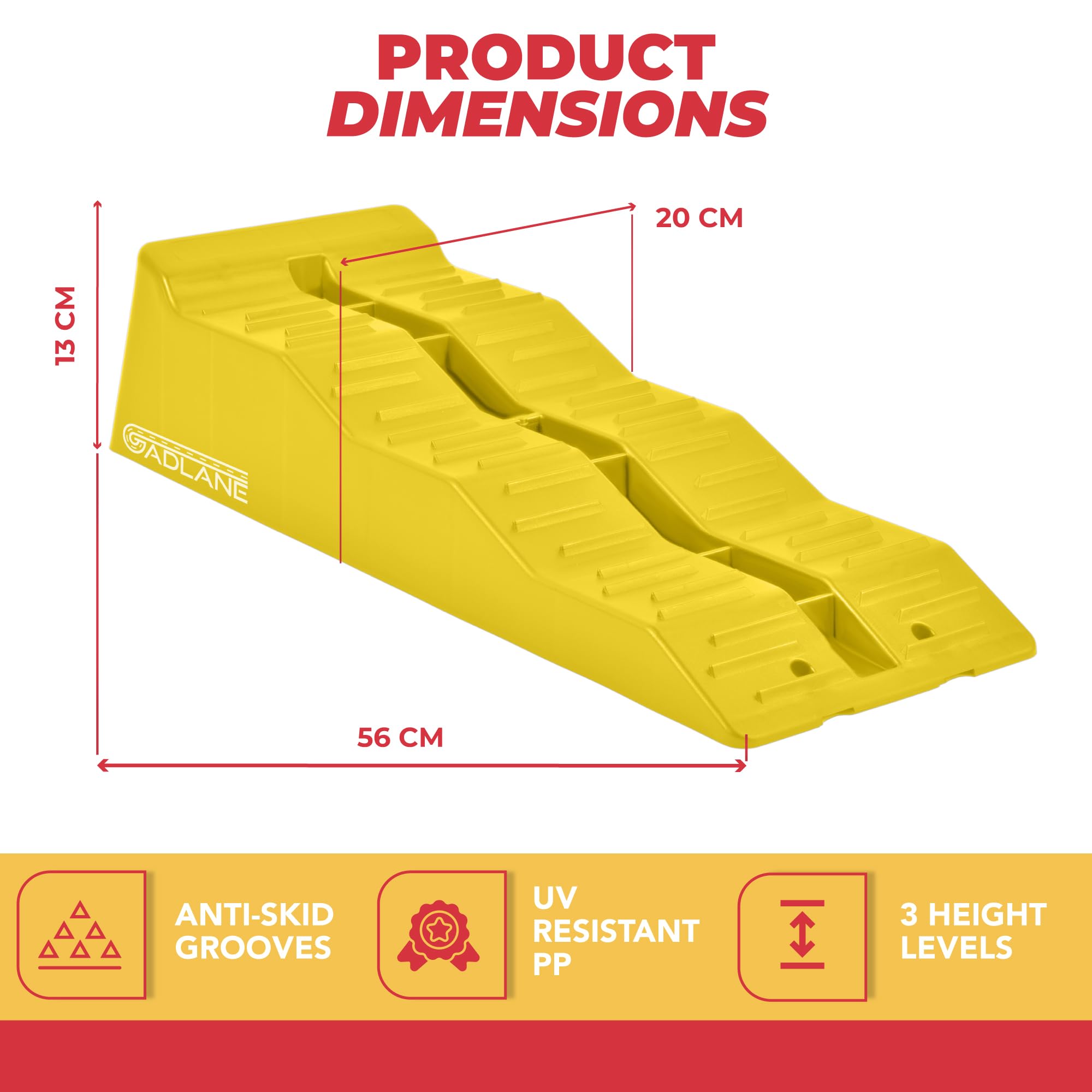 Yellow ramp with dimensions and features on a white background