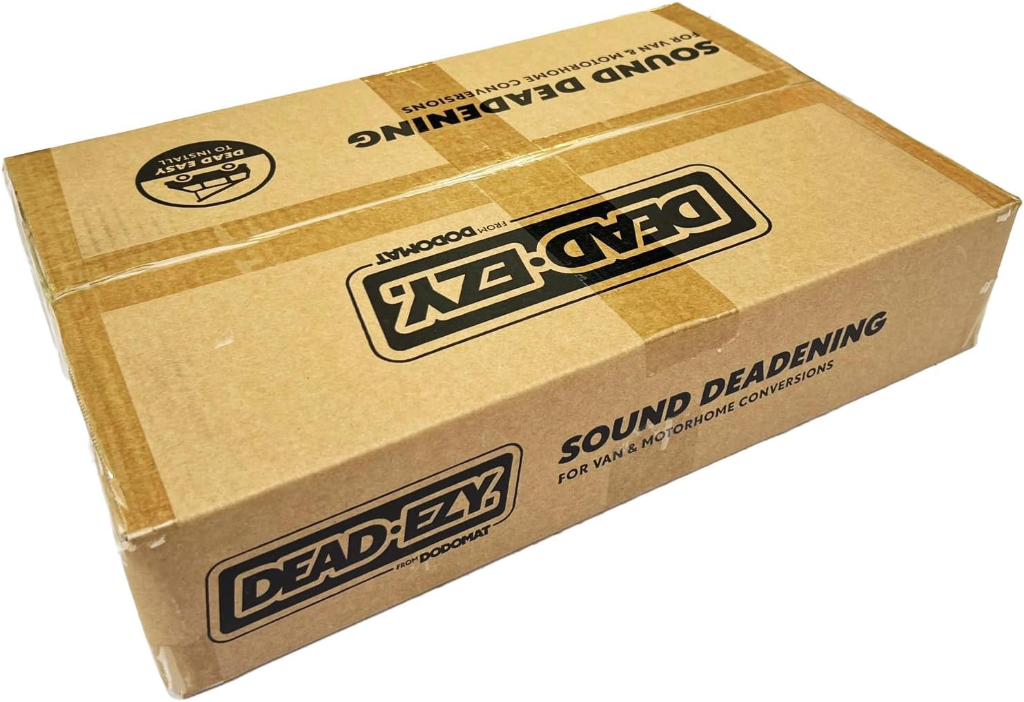 Cardboard box with 'Dead-Ezy' branding and text about sound deadening.