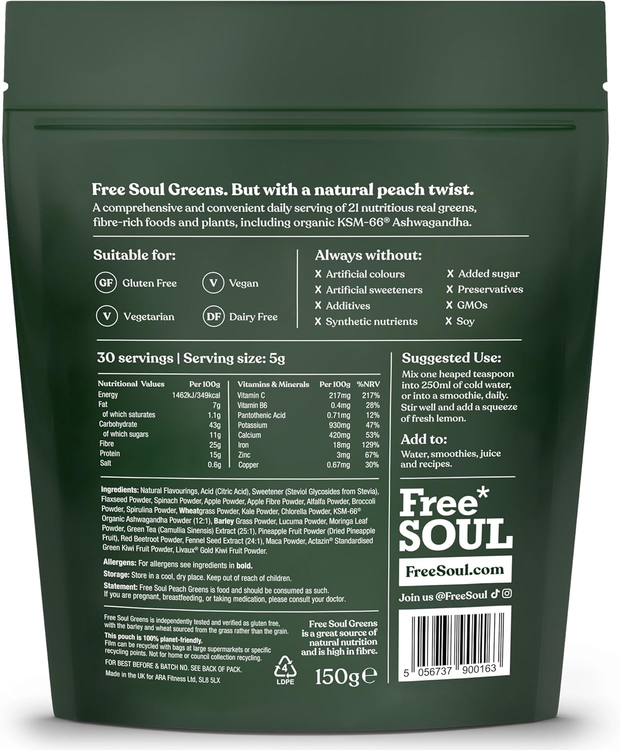 Back of a green package with text and branding for Free Soul products.