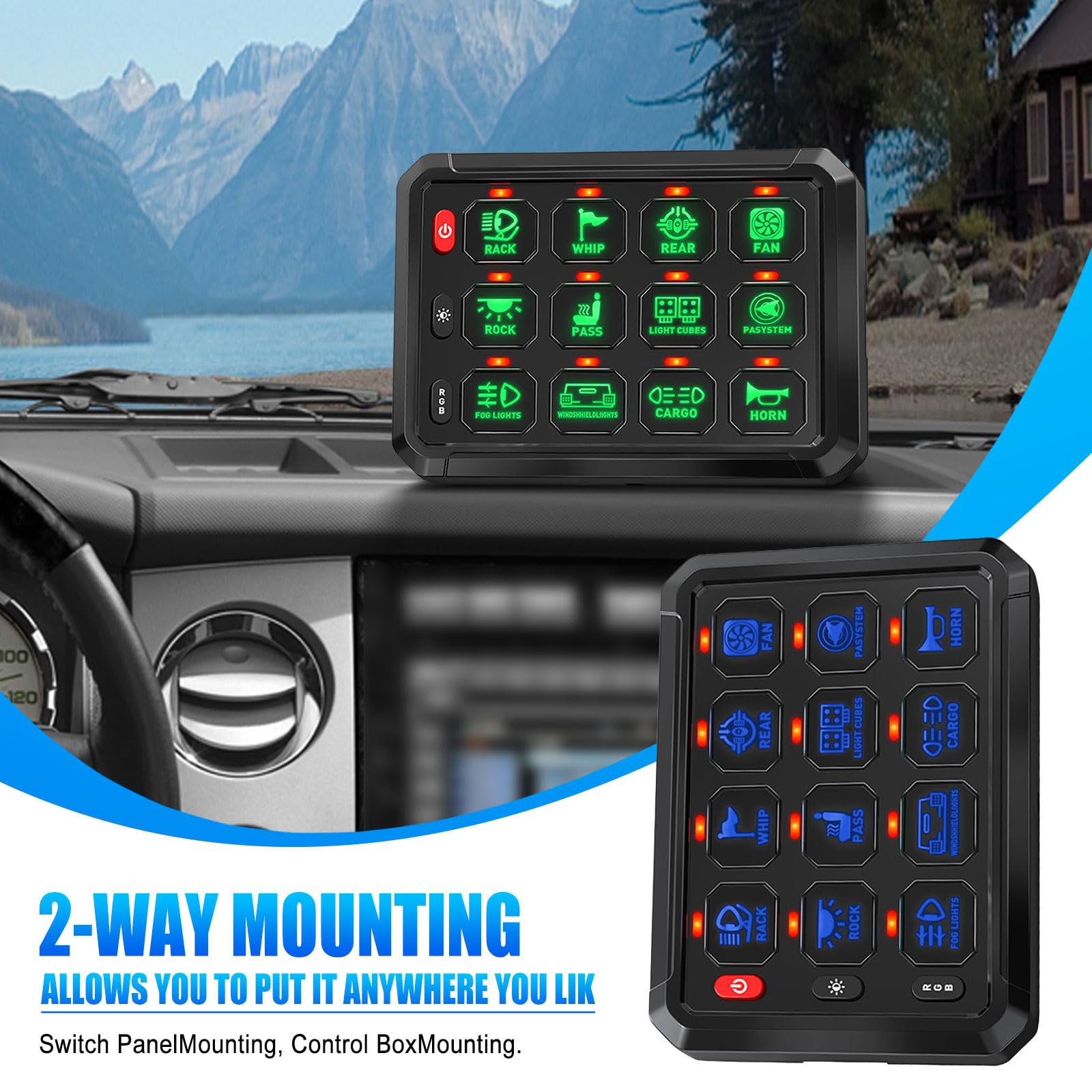 Two switch panels with illuminated buttons on a car dashboard with a mountainous background.