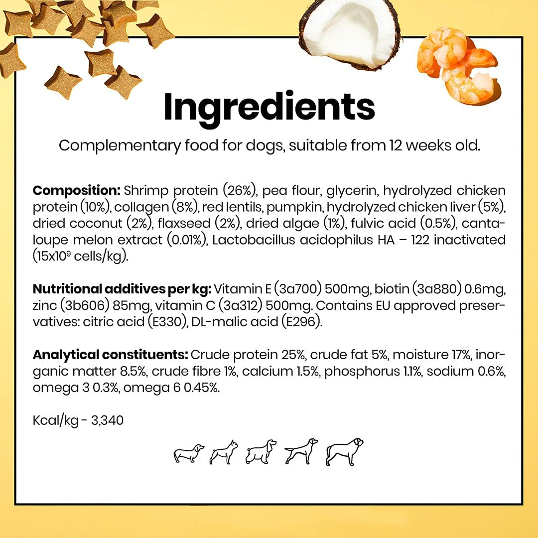 Ingredients label for dog food with a yellow border and coconut and pumpkin illustrations.