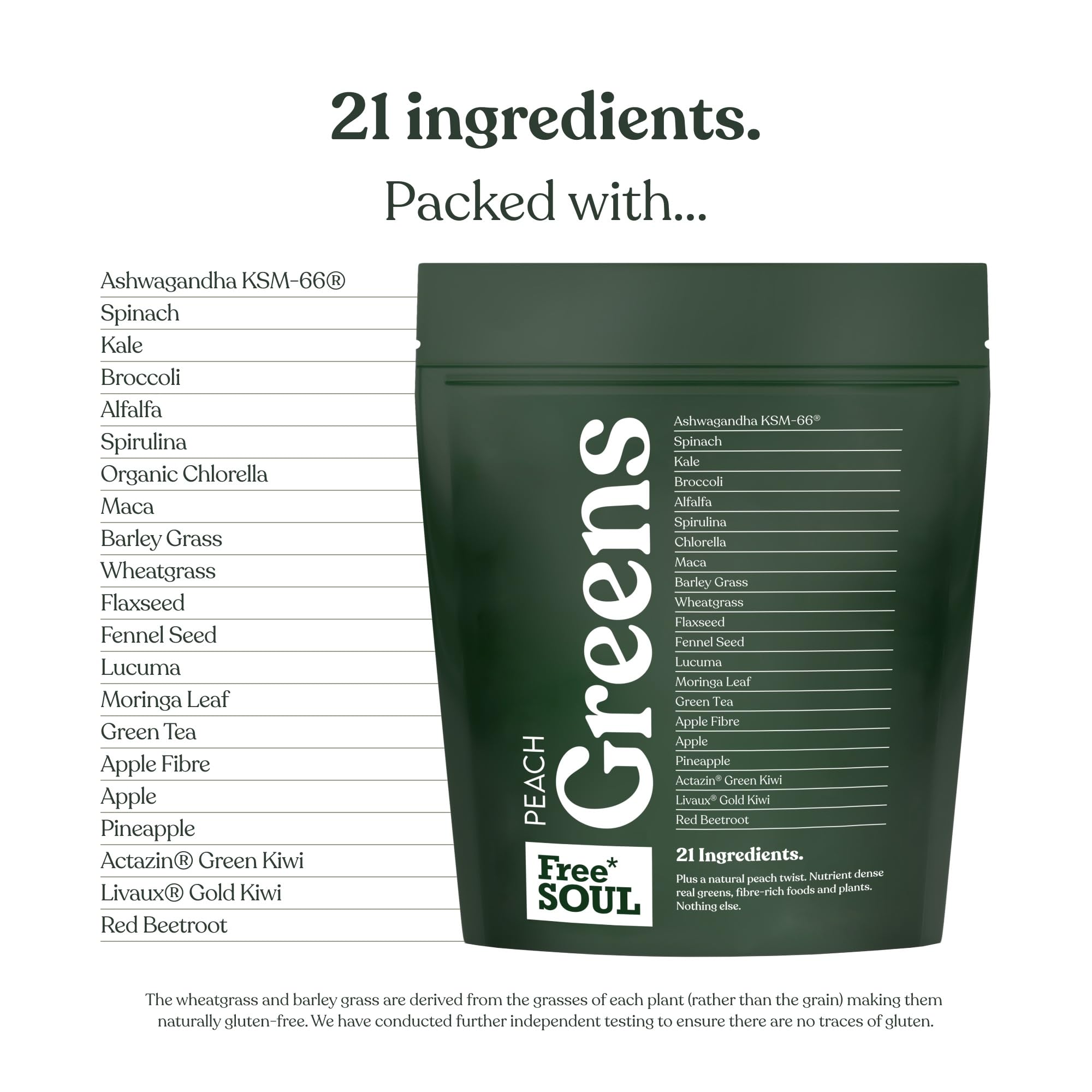 Green package of Free Soul Peach Greens with a list of ingredients on a white background