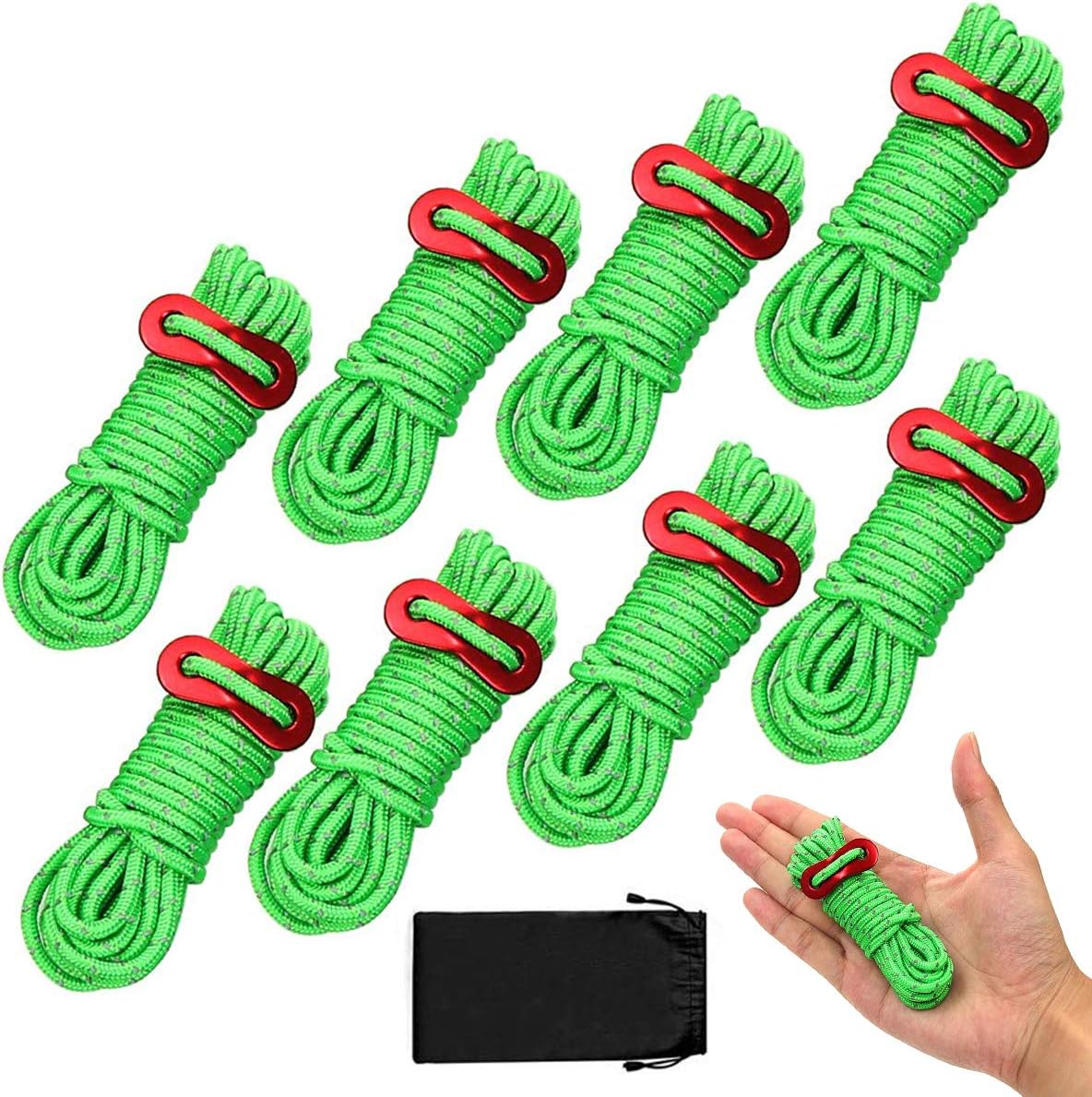 Set of green ropes with red clips and a black drawstring bag on a white background