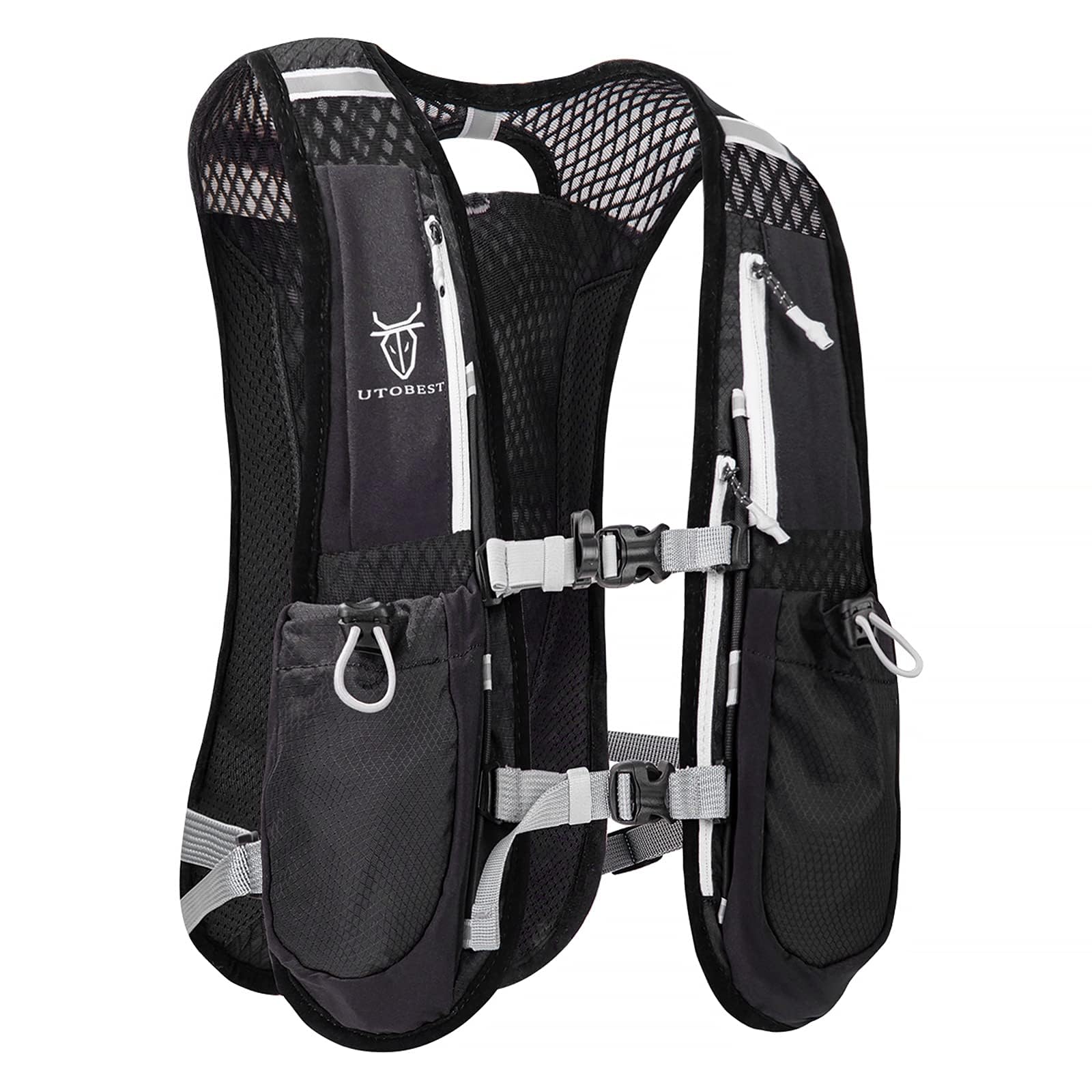 Black hydration vest with white accents on a white background