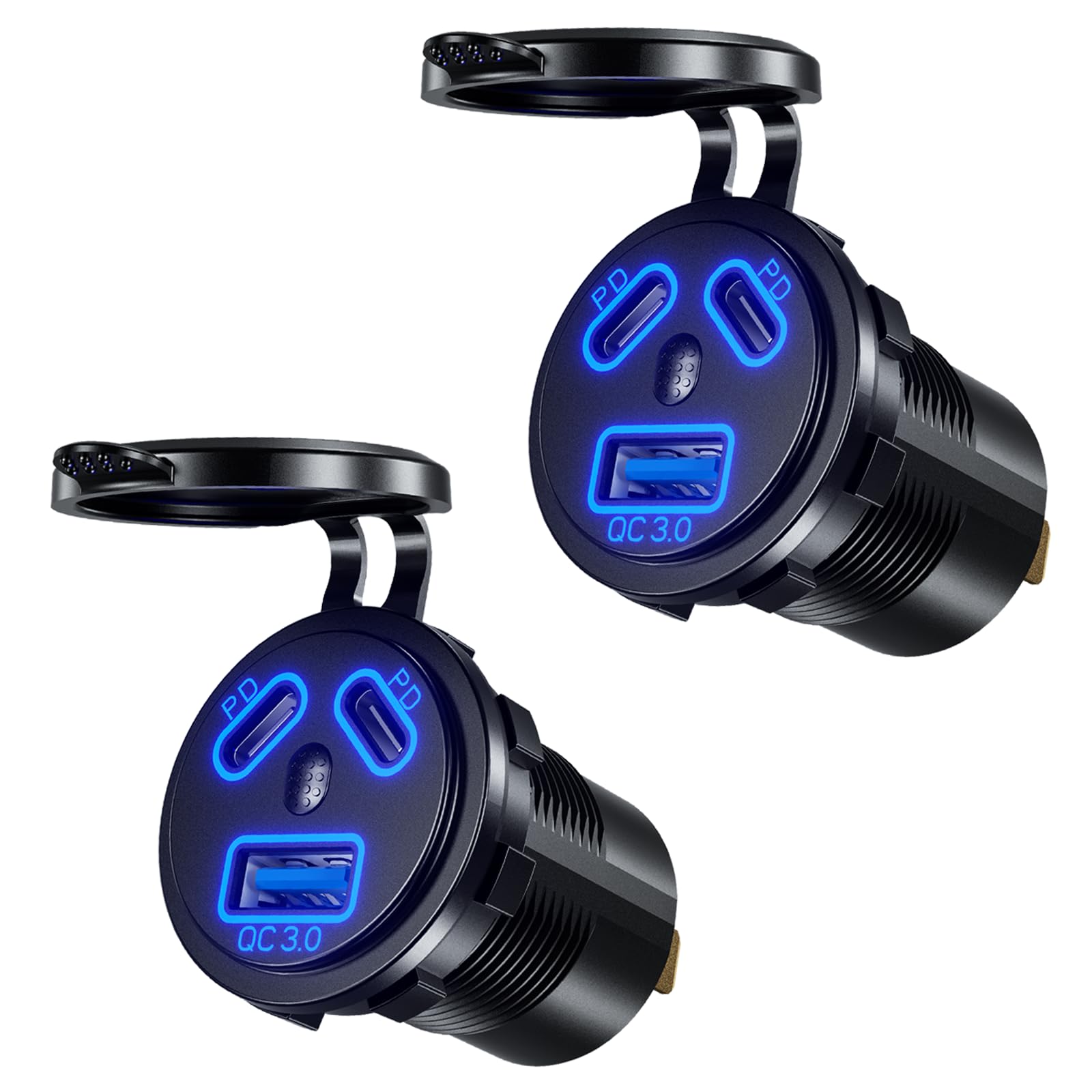 Two black car charging ports with blue LED indicators on a white background