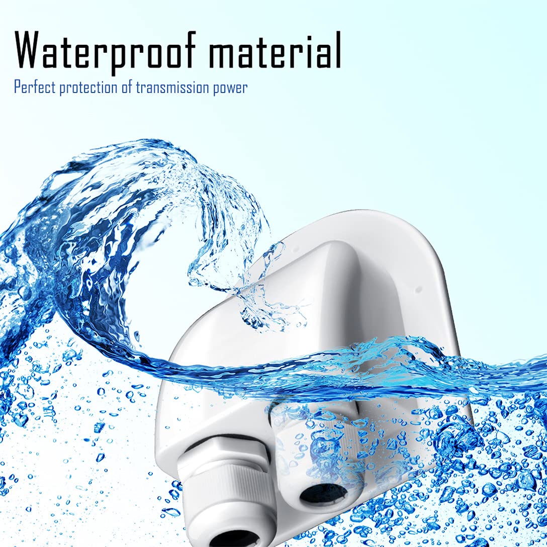 White electronic component with water splashes and text about waterproof material on a light blue background