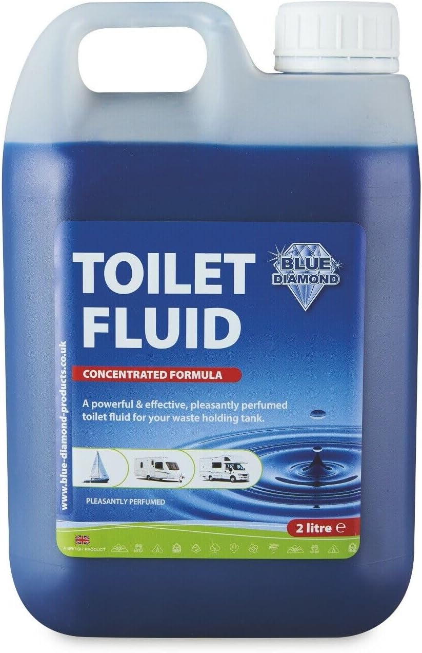 Blue container of Blue Diamond Toilet Fluid on a white background
