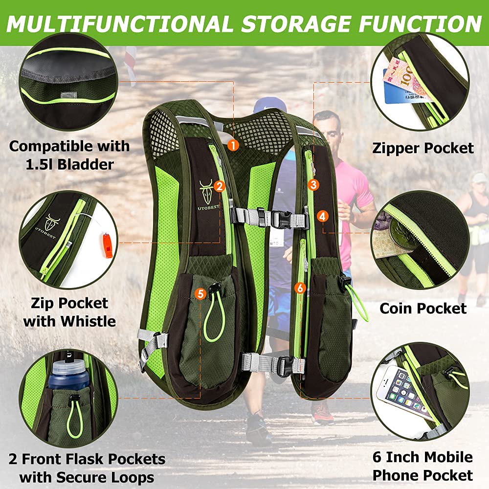 Multifunctional storage vest with various pockets and compartments on a blurred background of people running.