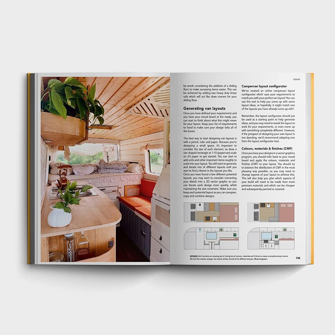 Book open to a page showing an interior design layout of a van with plans on the right.