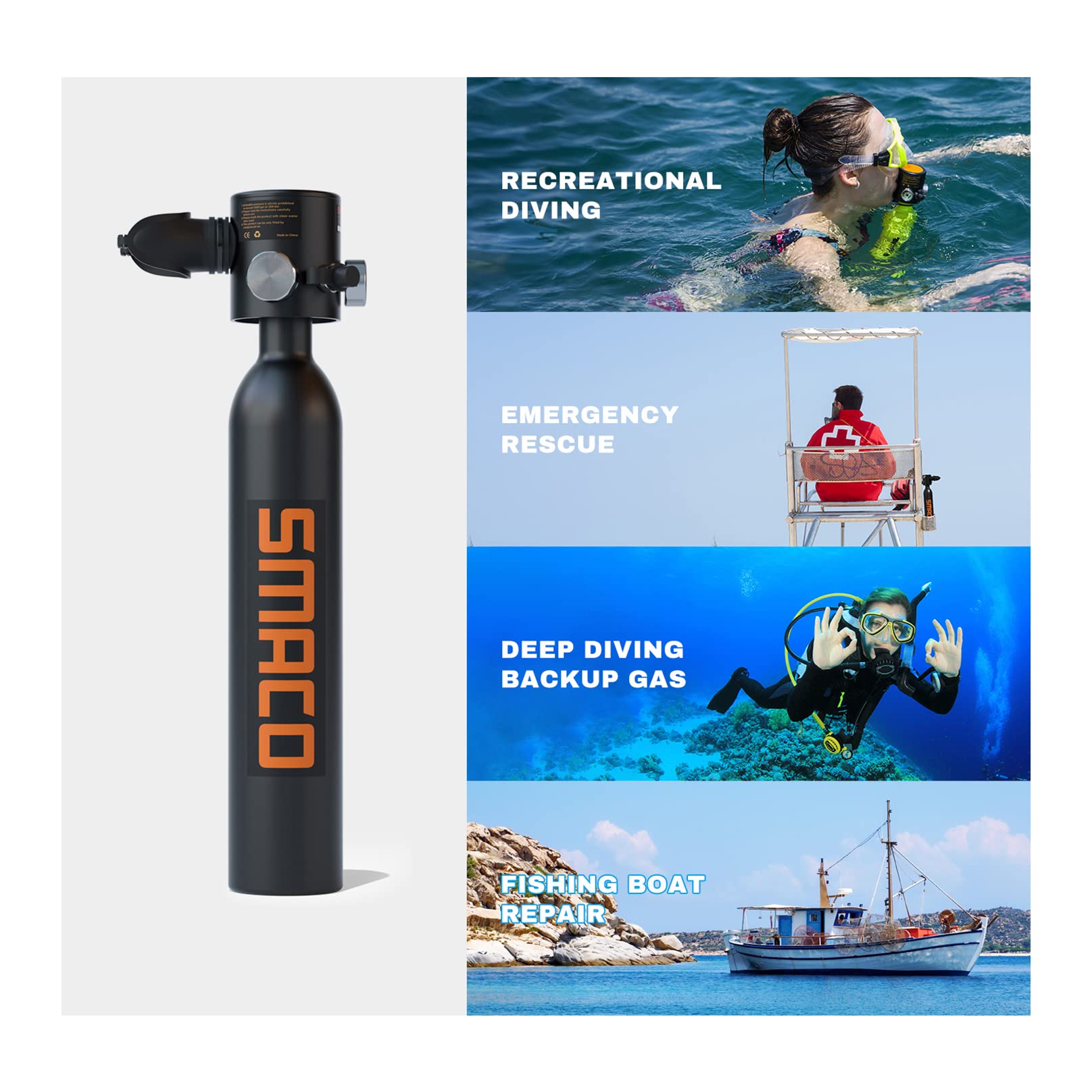 SMACO diving tank with images of diving activities and scenarios on a white background