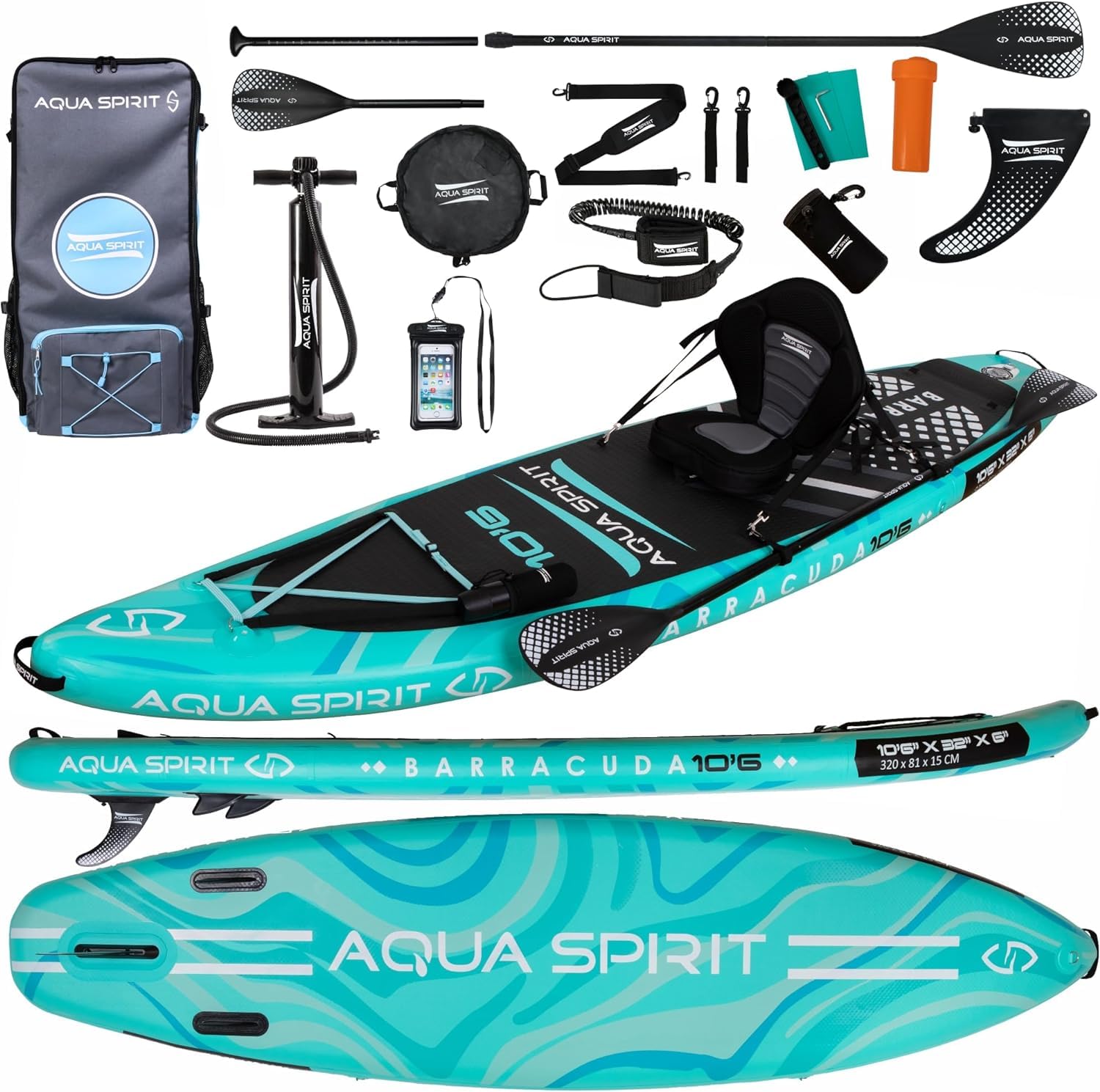 Aqua Spirit paddle board with accessories on a white background