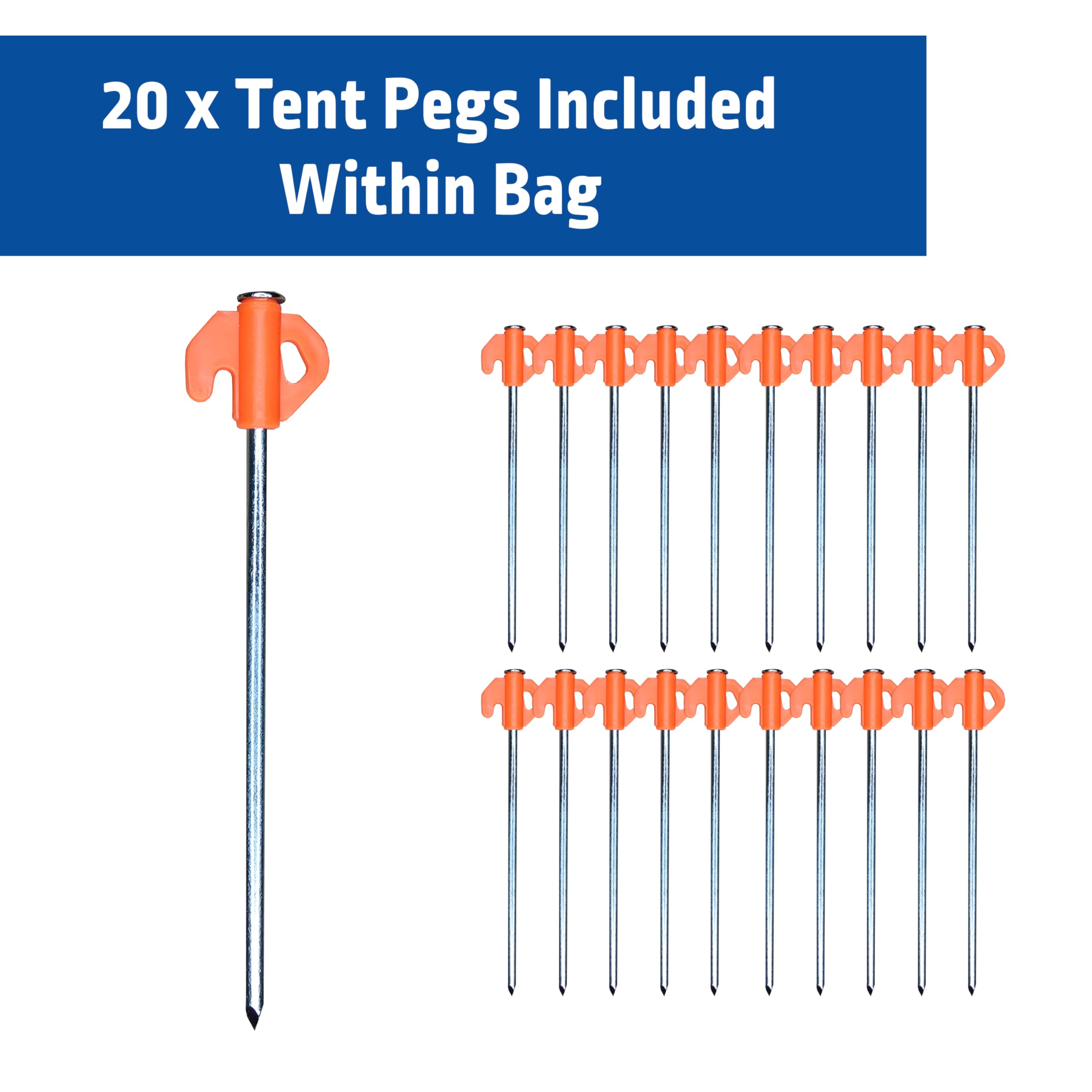Set of tent pegs with orange accents on a white background, labeled '20 x Tent Pegs Included Within Bag'.