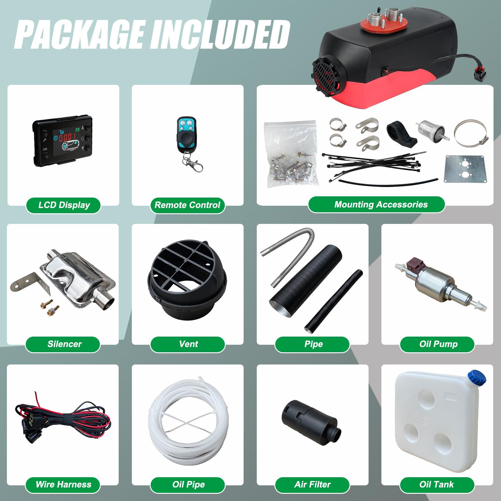 List of automotive parts and accessories with labels on a gray background