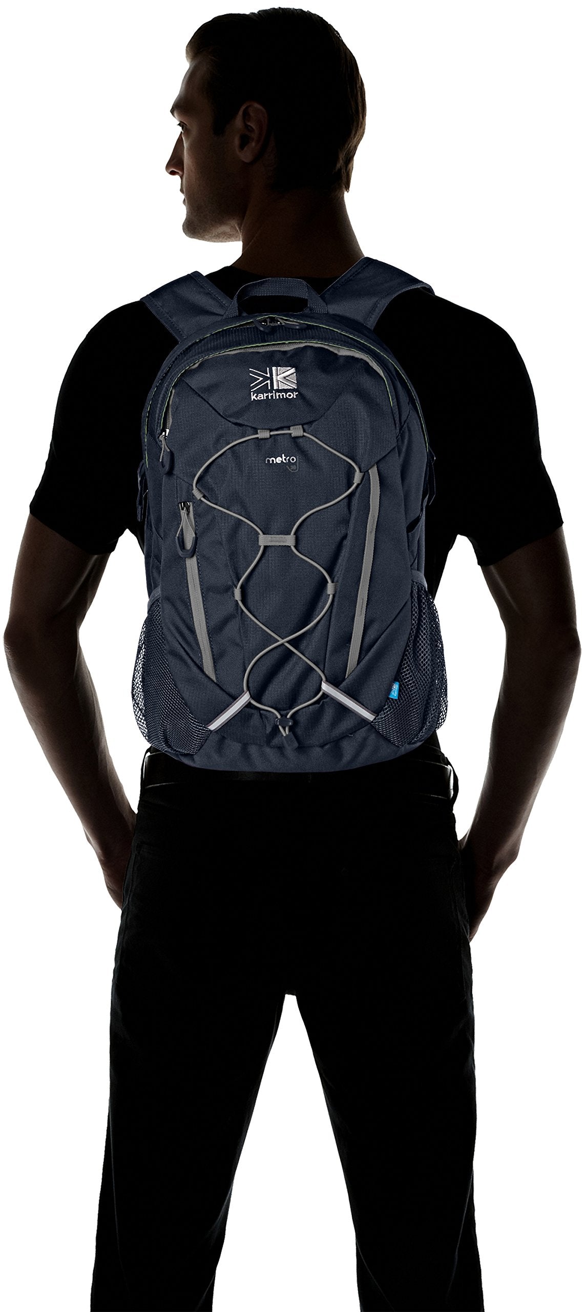 Person wearing a blue backpack with visible branding on a white background