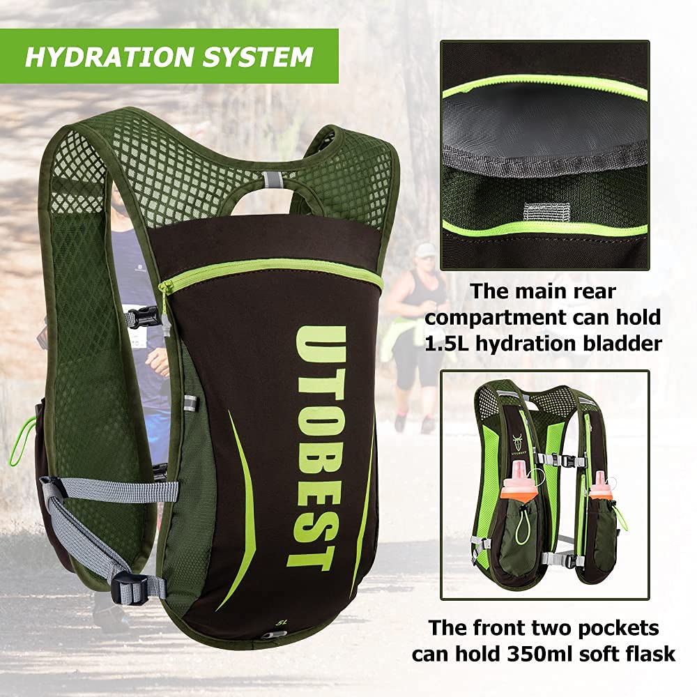 Green and black hydration vest with UTOBEST branding, showing front and back views.