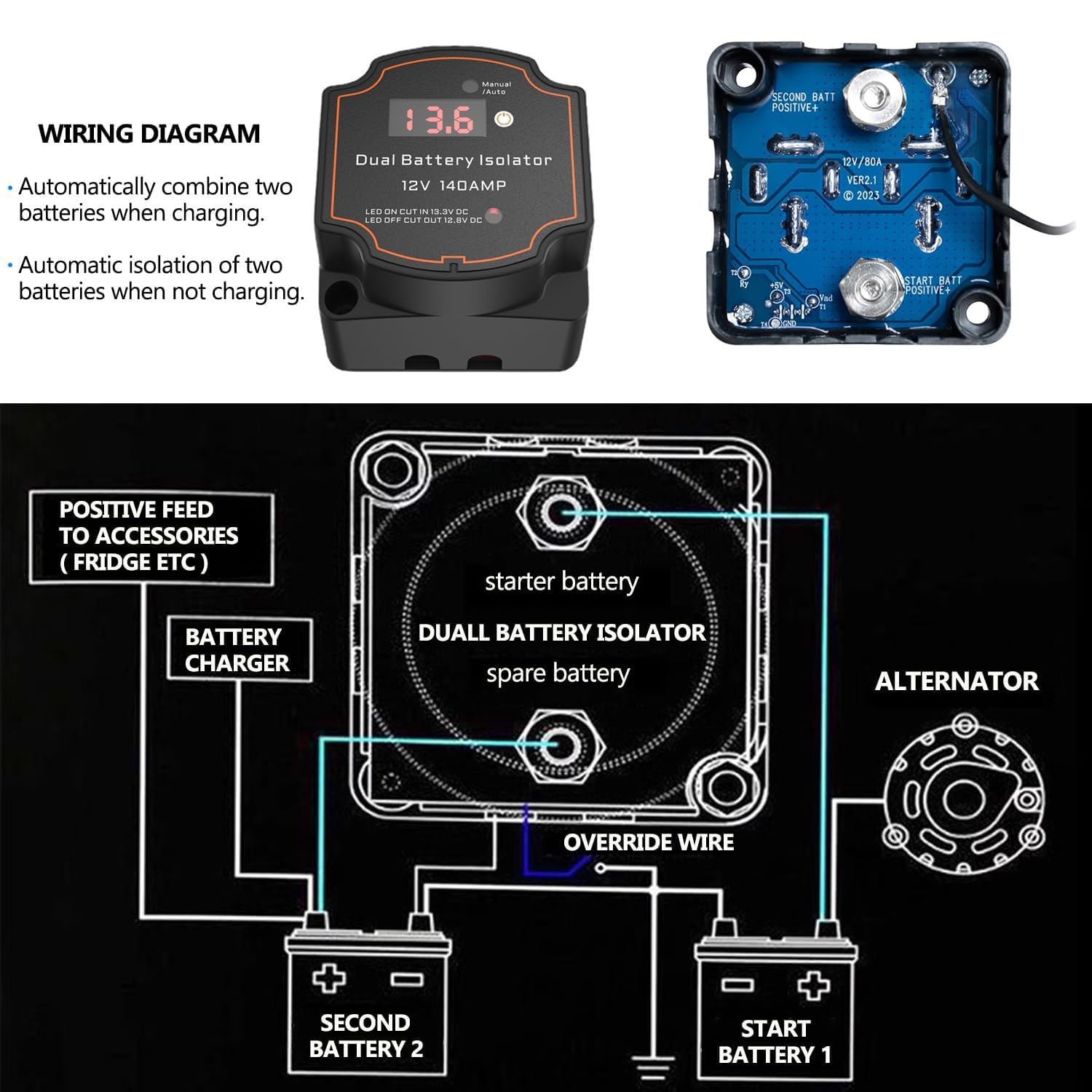 Wiring diagram for a dual battery isolator with components and labels on a black background.