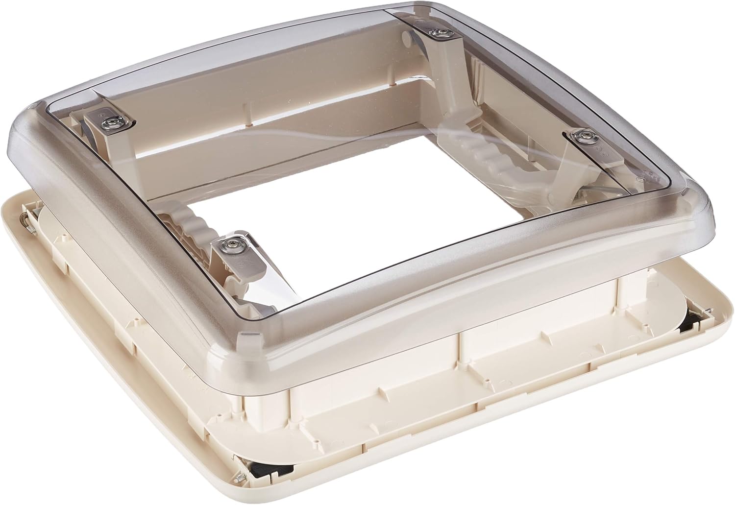 Beige plastic cover with a clear window on a white background