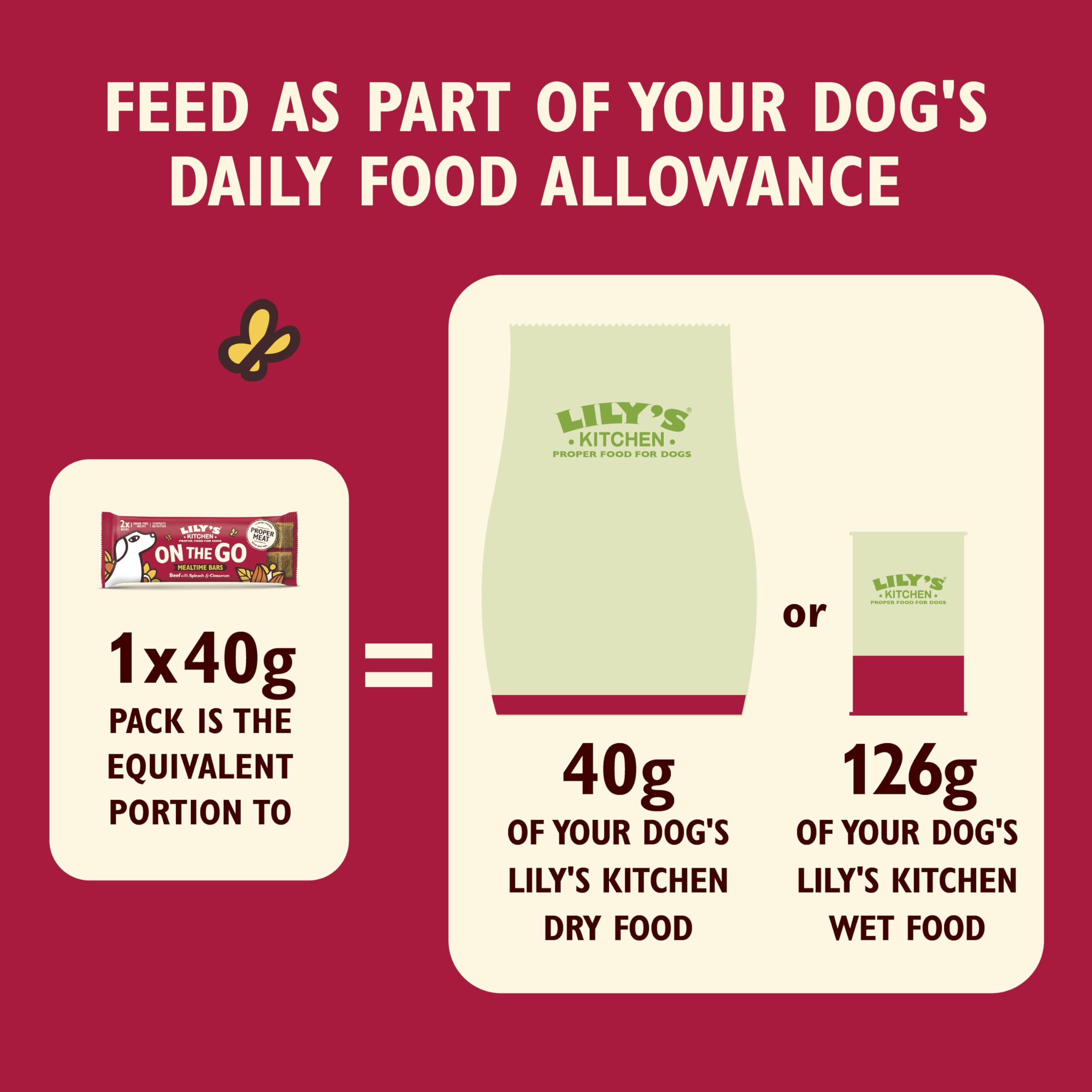 Lily's Kitchen dog food portion guide on a red background