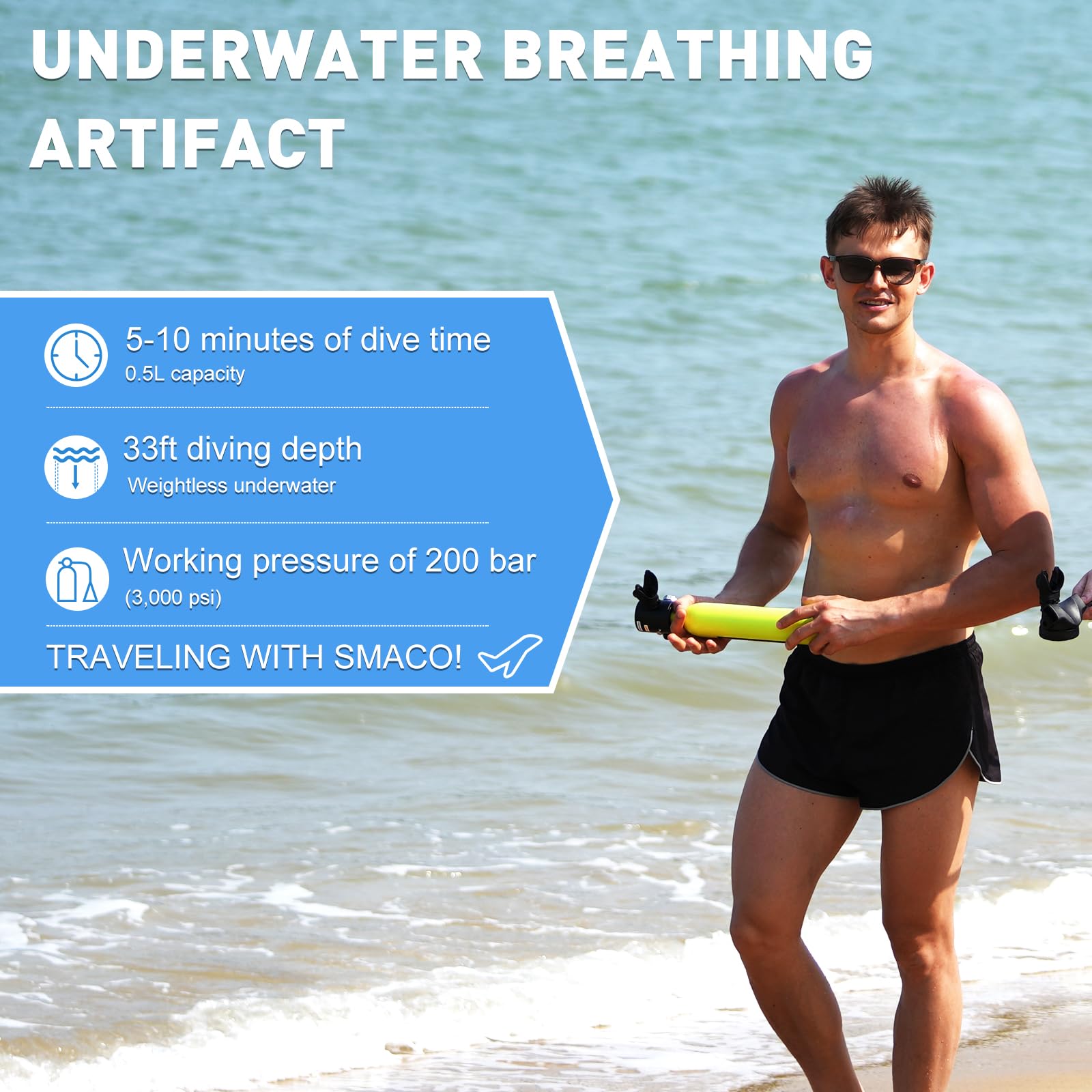 Man holding an underwater breathing artifact on a beach with product details.