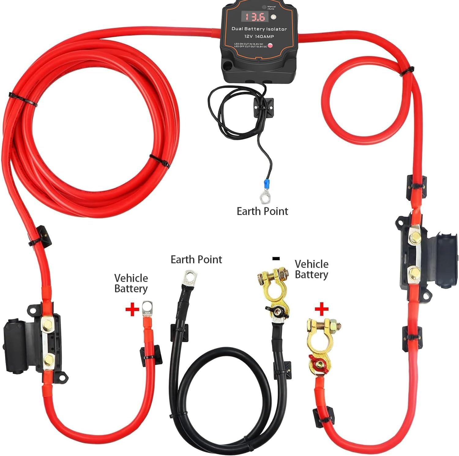 Battery wiring kit with red and black cables and a digital indicator on a white background.