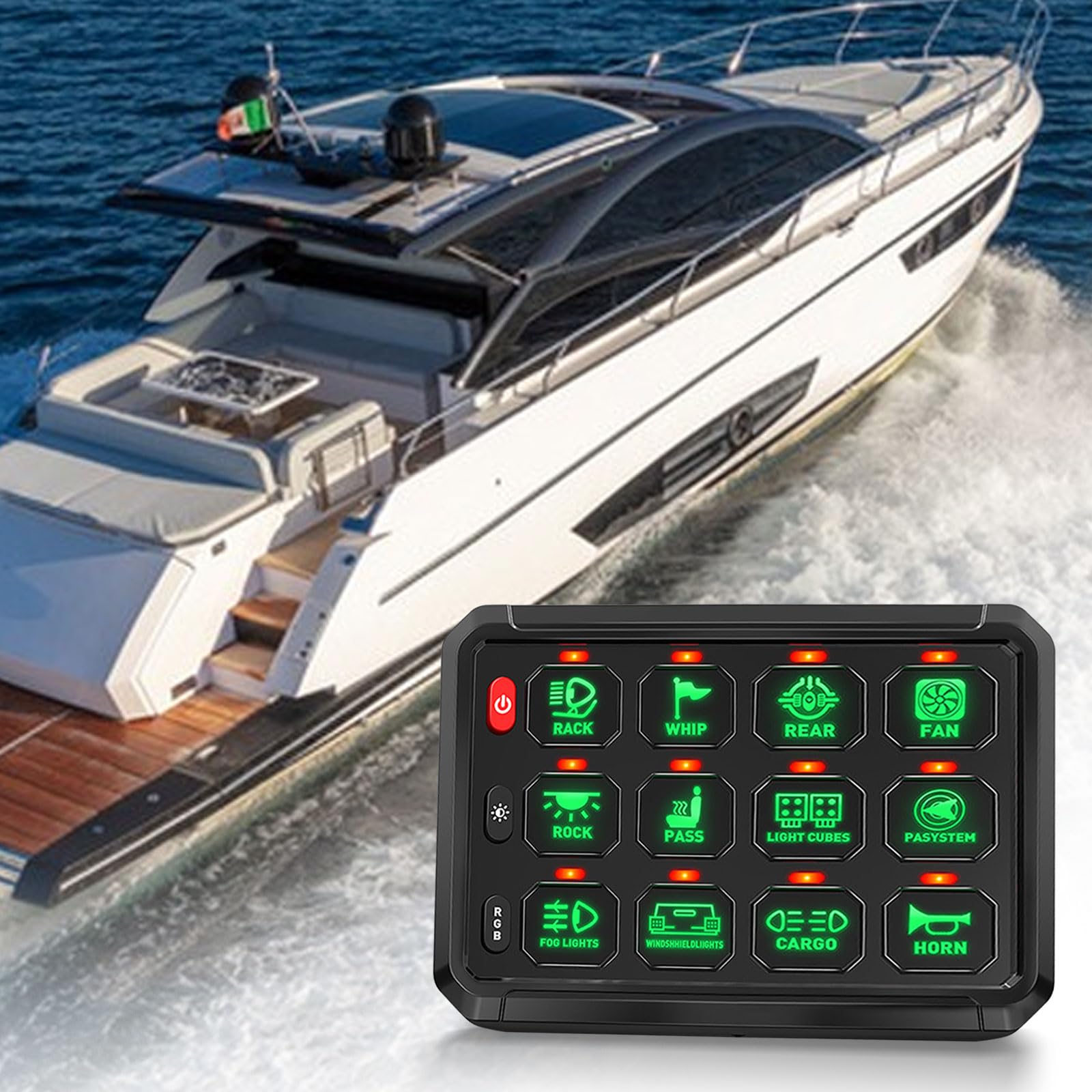 Boat on water with a control panel in the foreground