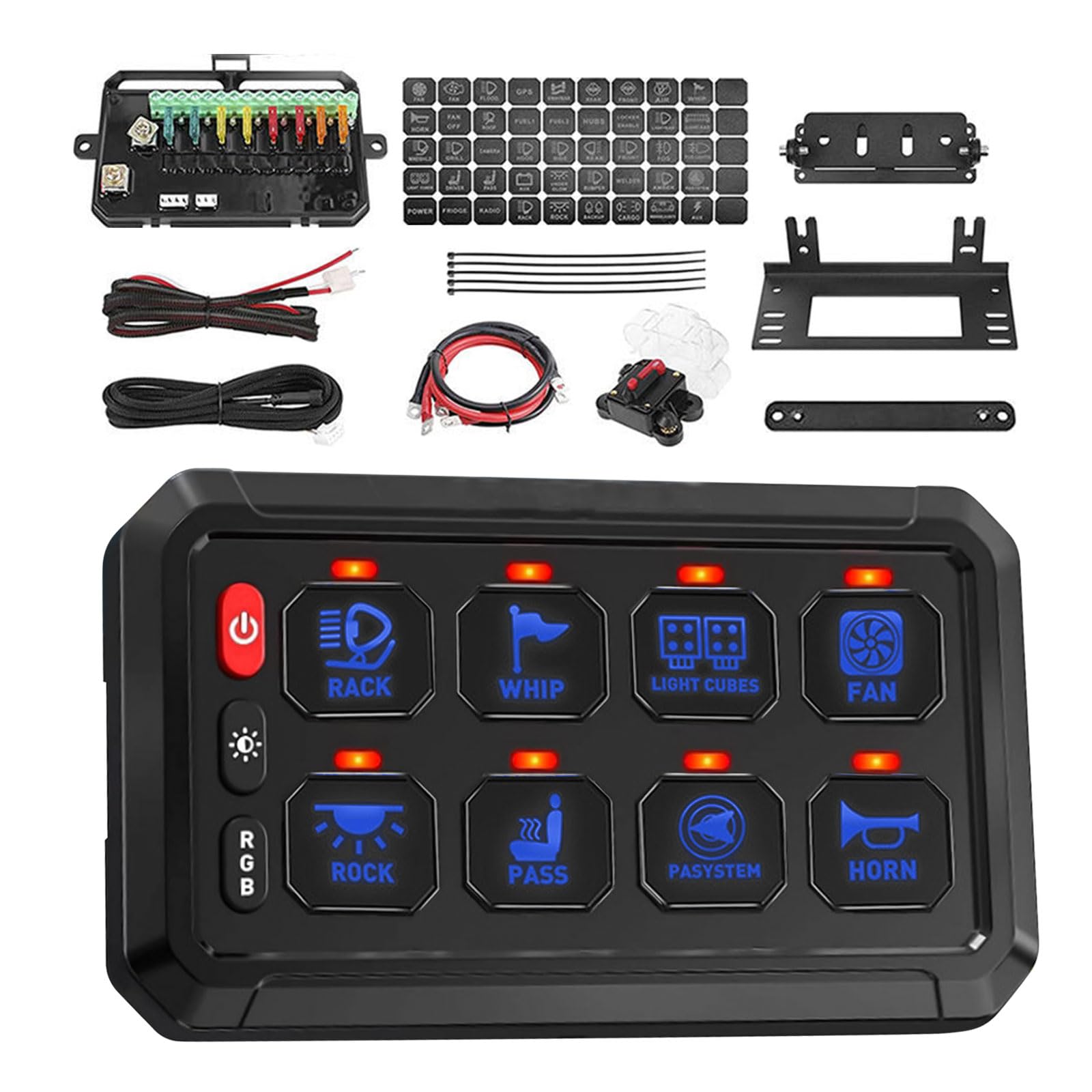 Collection of automotive switch panel components on a white background