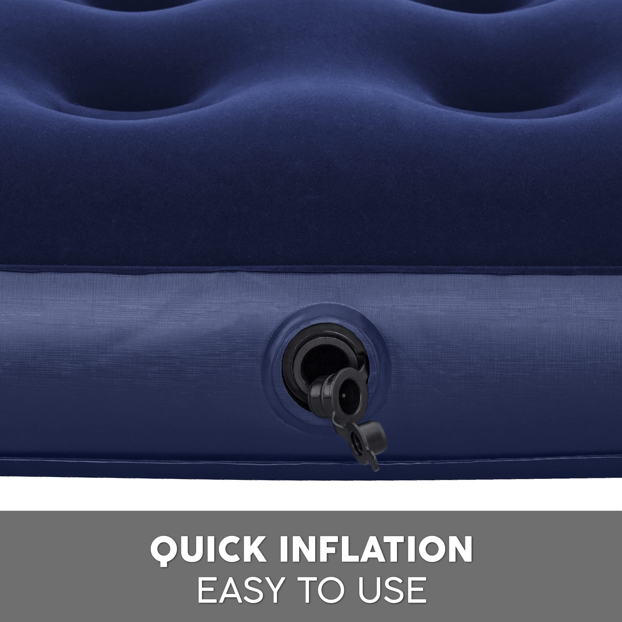 Inflatable mattress with valve for quick inflation, on a dark blue background.