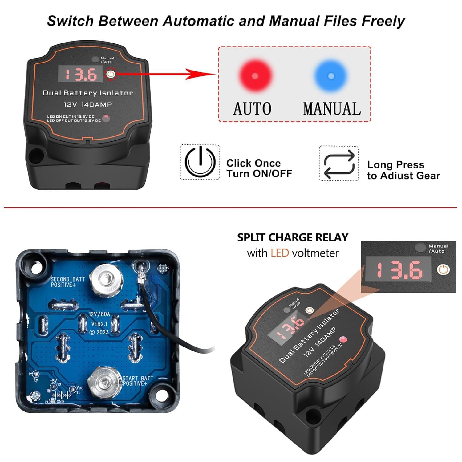 Dual battery isolator with LED voltmeter and manual/auto switch on a white background.