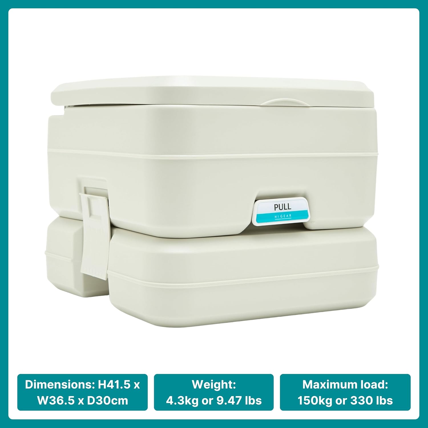 Beige portable toilet with dimensions, weight, and maximum load information on a white background