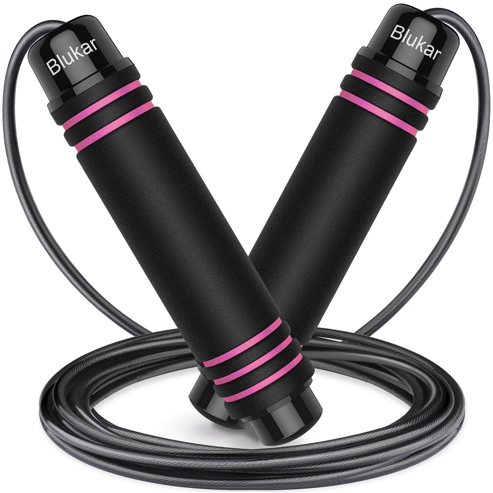 Black and pink skipping rope with 'Blukar' branding on a white background