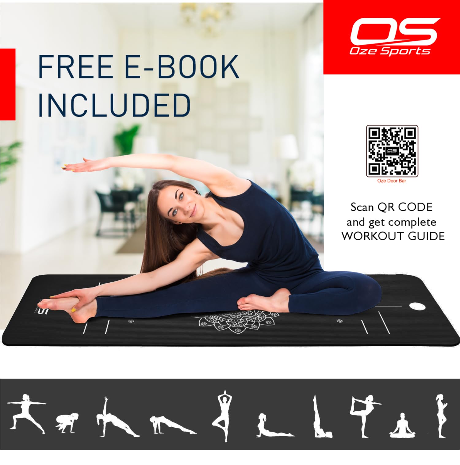 Woman stretching on a yoga mat with Oze Sports branding and a QR code for a workout guide.