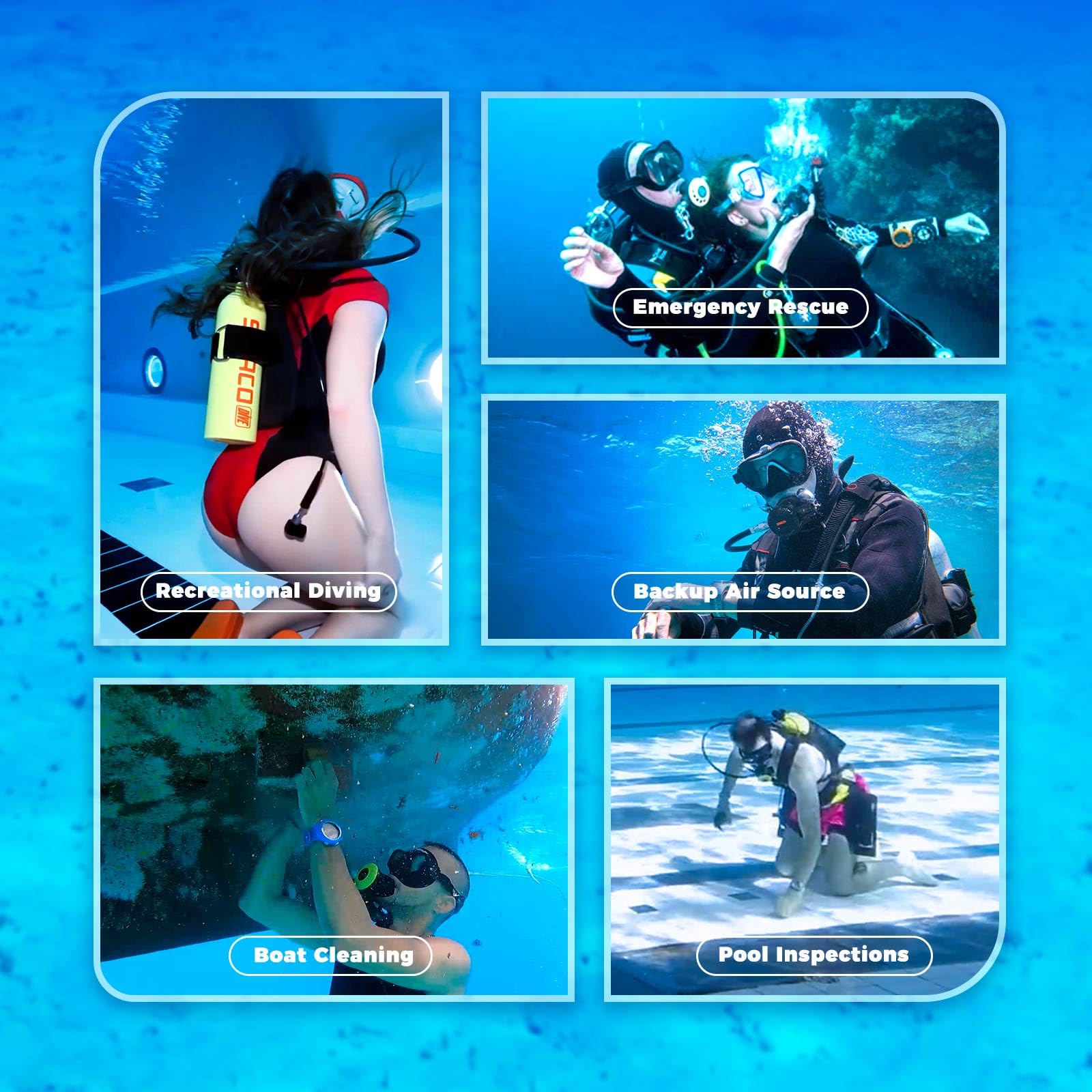 Collage of scuba divers performing various underwater tasks with text labels on a blue background.