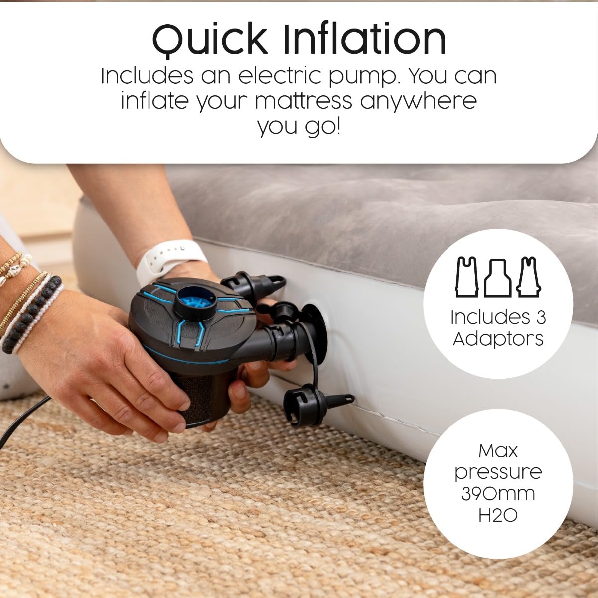 Person inflating a mattress with an electric pump, featuring text about quick inflation and included adaptors.