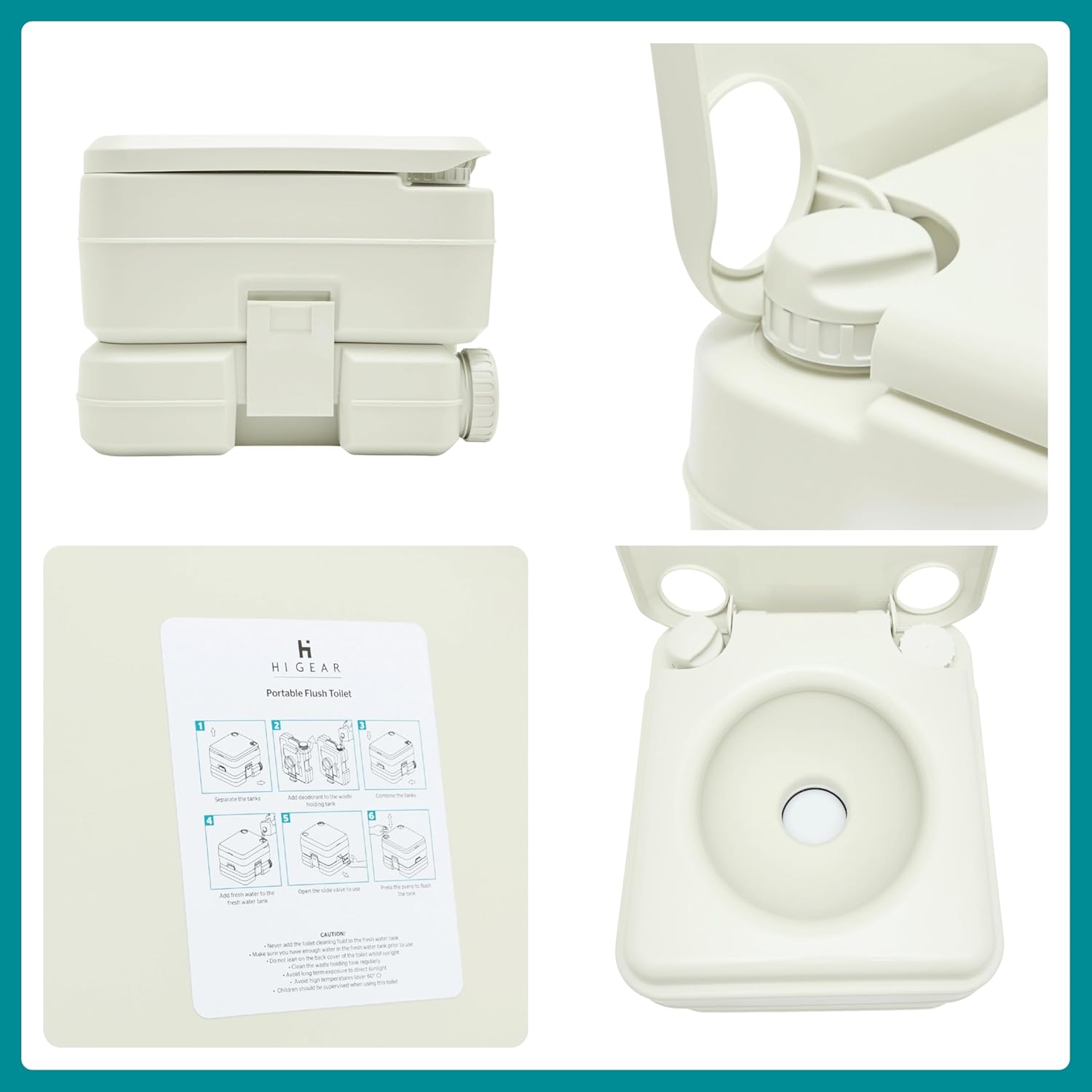 Collage of a white portable toilet with packaging and instructions on a white background