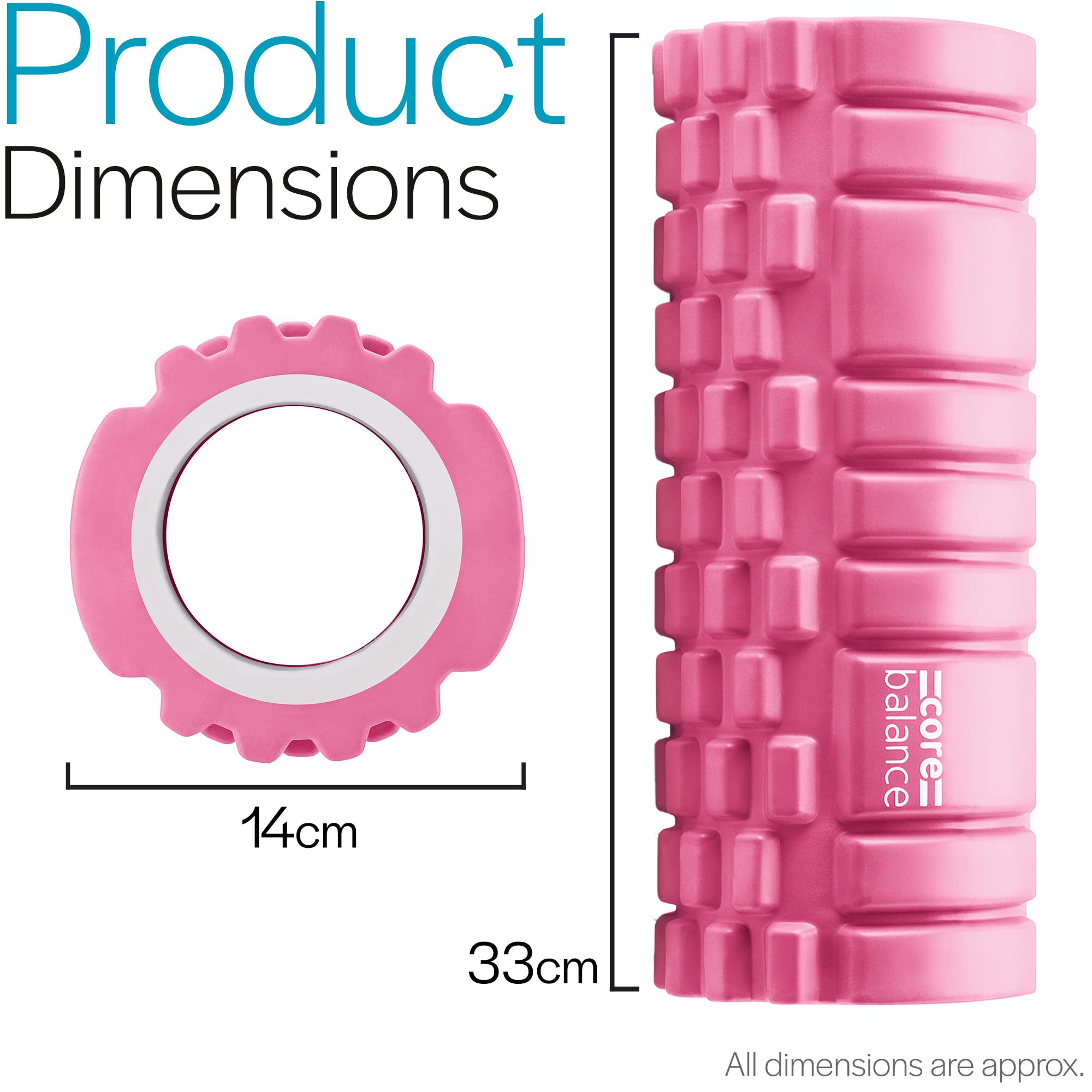 Pink foam roller with measurement details on a white background