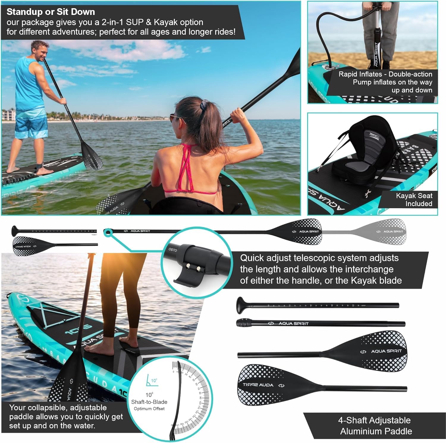 Sup and kayak set with people using it, paddles, and product features on a blue background