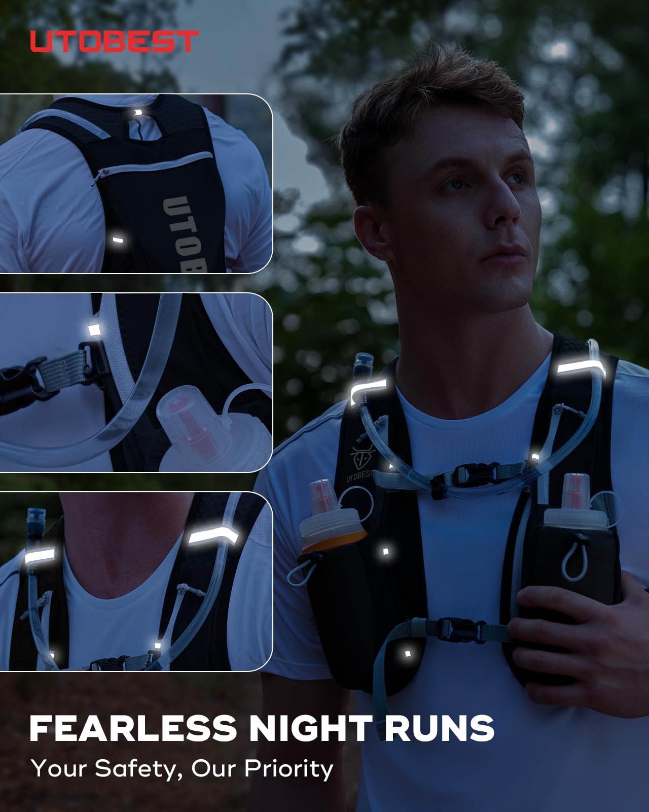 Person wearing a reflective running vest with UTOBEST branding, holding a water bottle at night.