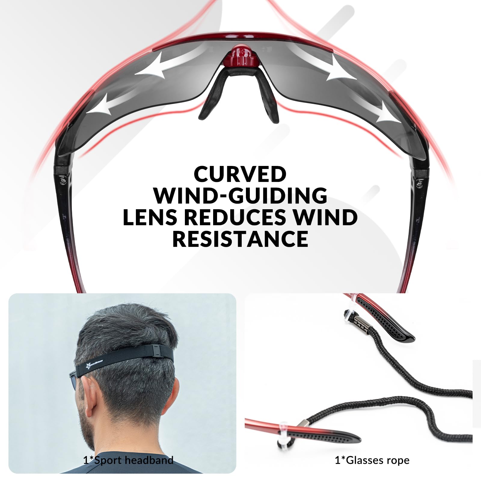 Sunglasses with curved wind-guiding lens feature, including a person wearing the sunglasses and accessories.