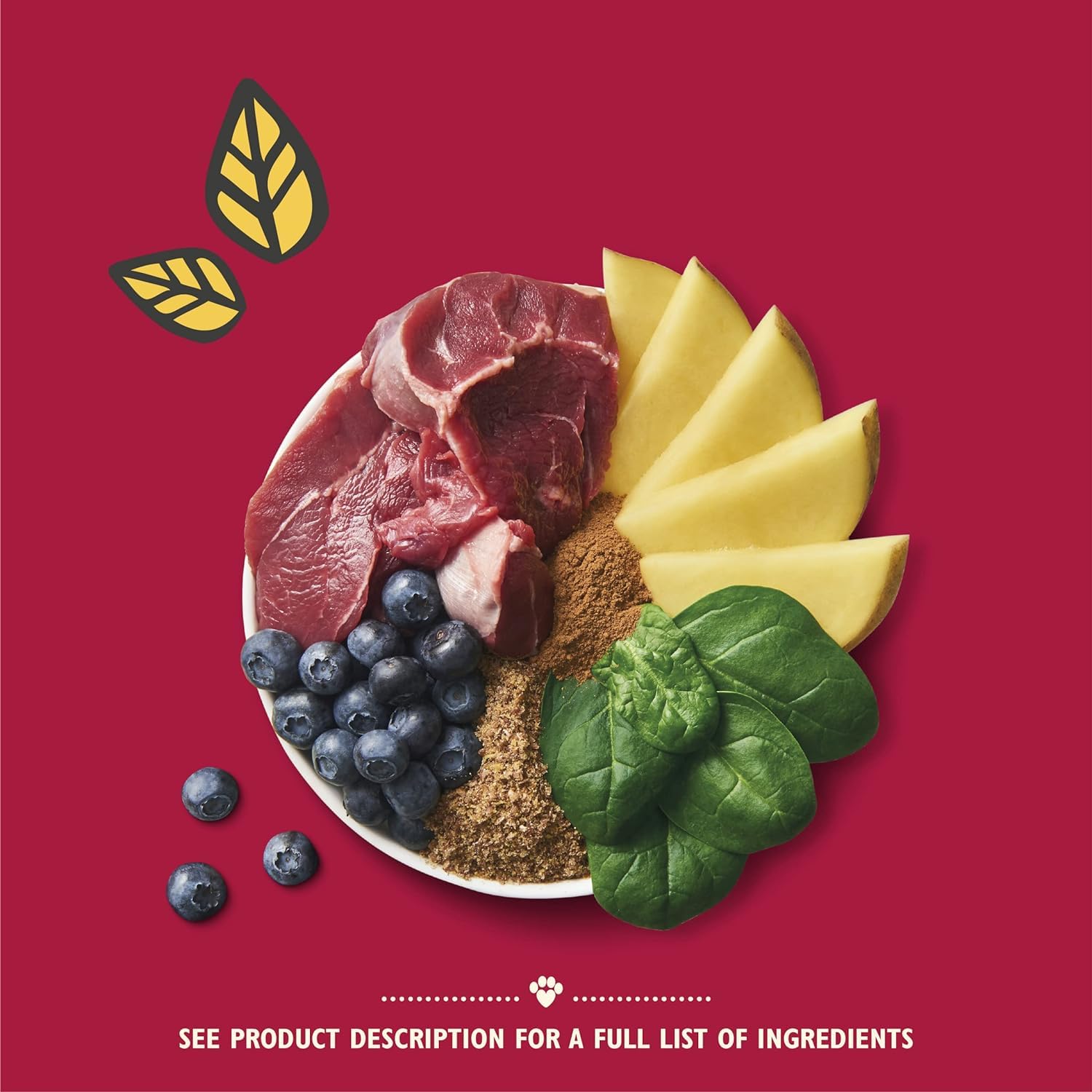 Platter of raw meat, apples, blueberries, and spinach on a red background with leaf icons.