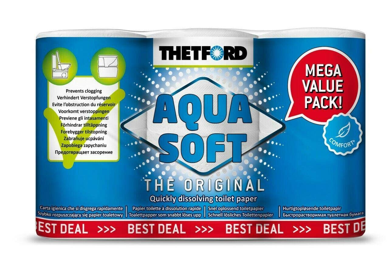 Thetford Aqua Soft toilet paper packaging on a white background