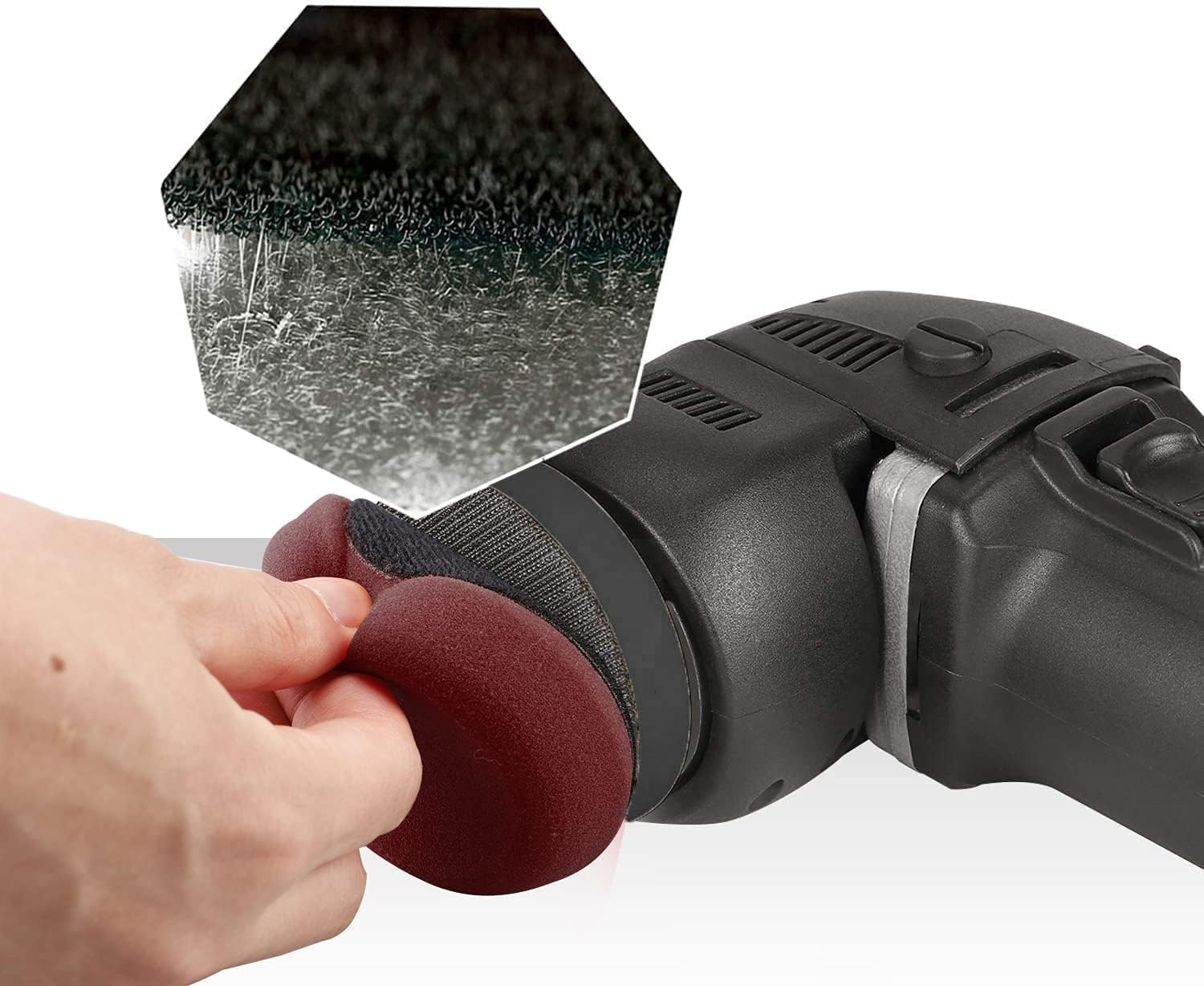 Person using a polisher with a close-up of a scratched surface.